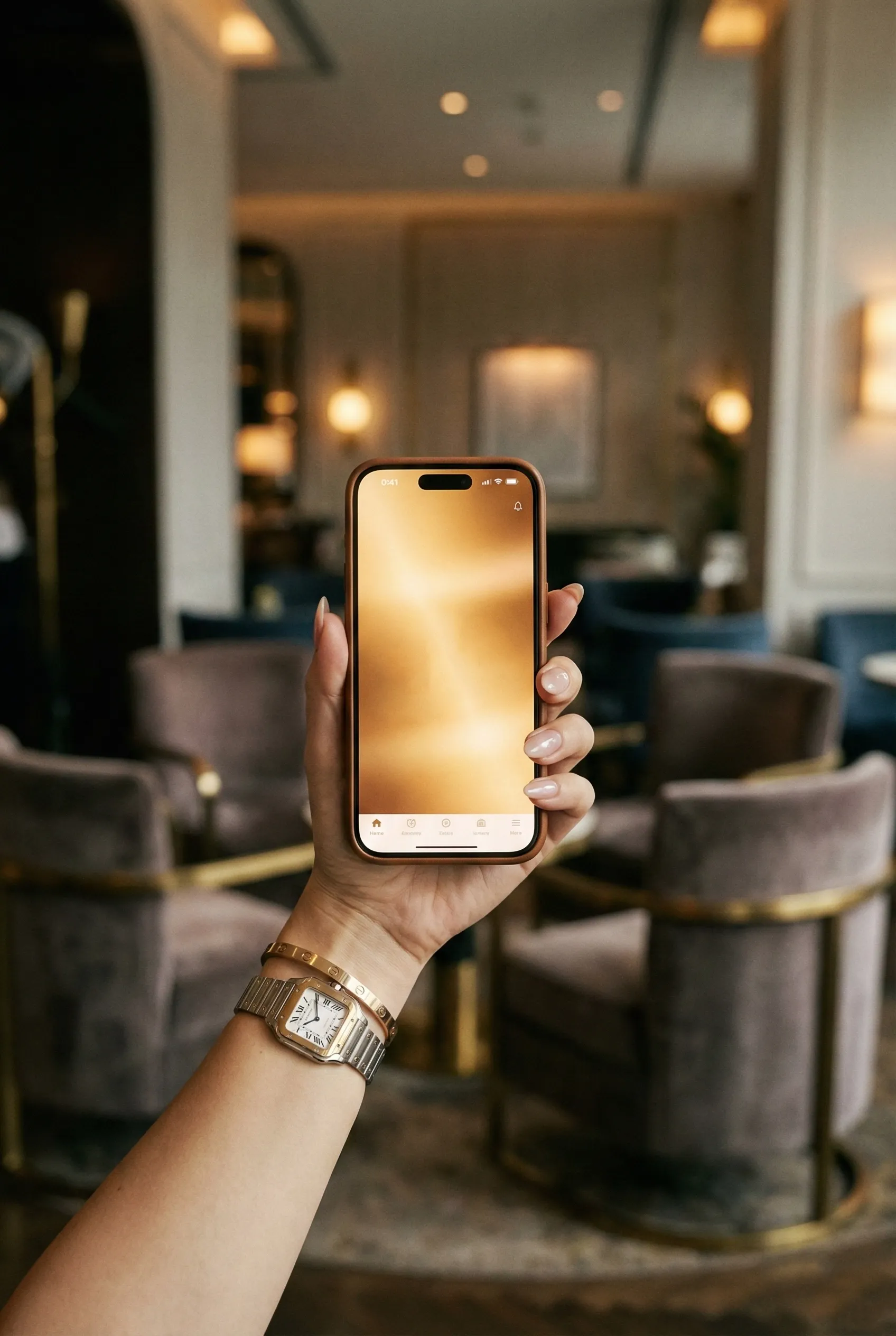 Lüks bir mekanda elinde altın renkli akıllı telefon tutan kişi ve Panacea cep telefonu sigortası güvencesi