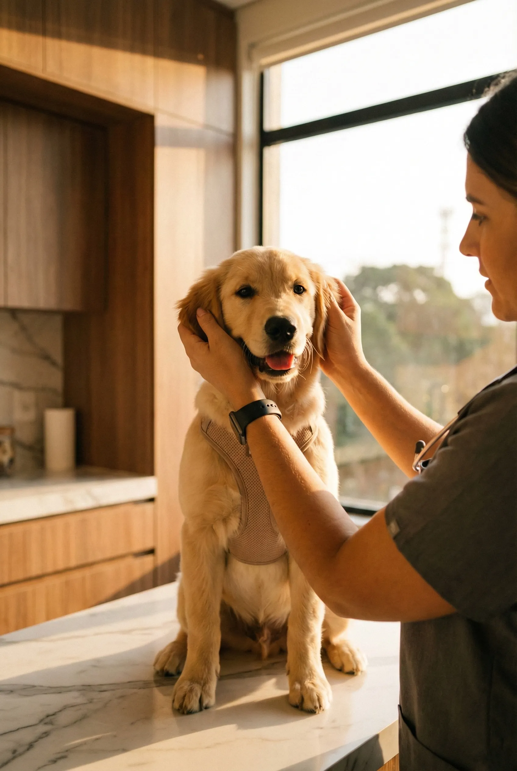 Sahibinin sevgiyle baktığı sevimli köpek ve Panacea Evcil Hayvan Sağlık Sigortası güvencesi