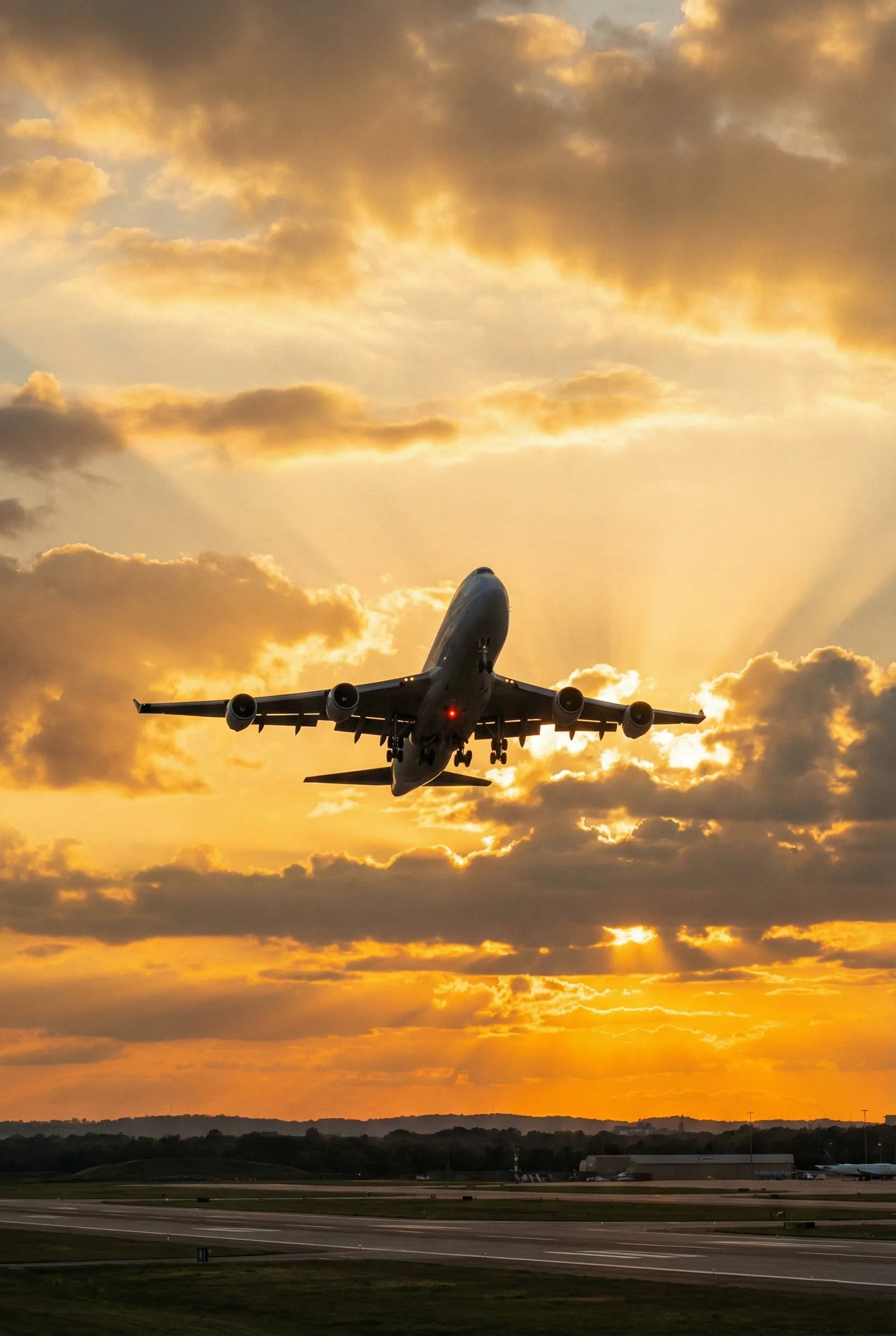 Gün batımında havalanan yolcu uçağı ve Panacea Uçak Gövde Tüm Riskler Sigortası güvencesi (aircraft)