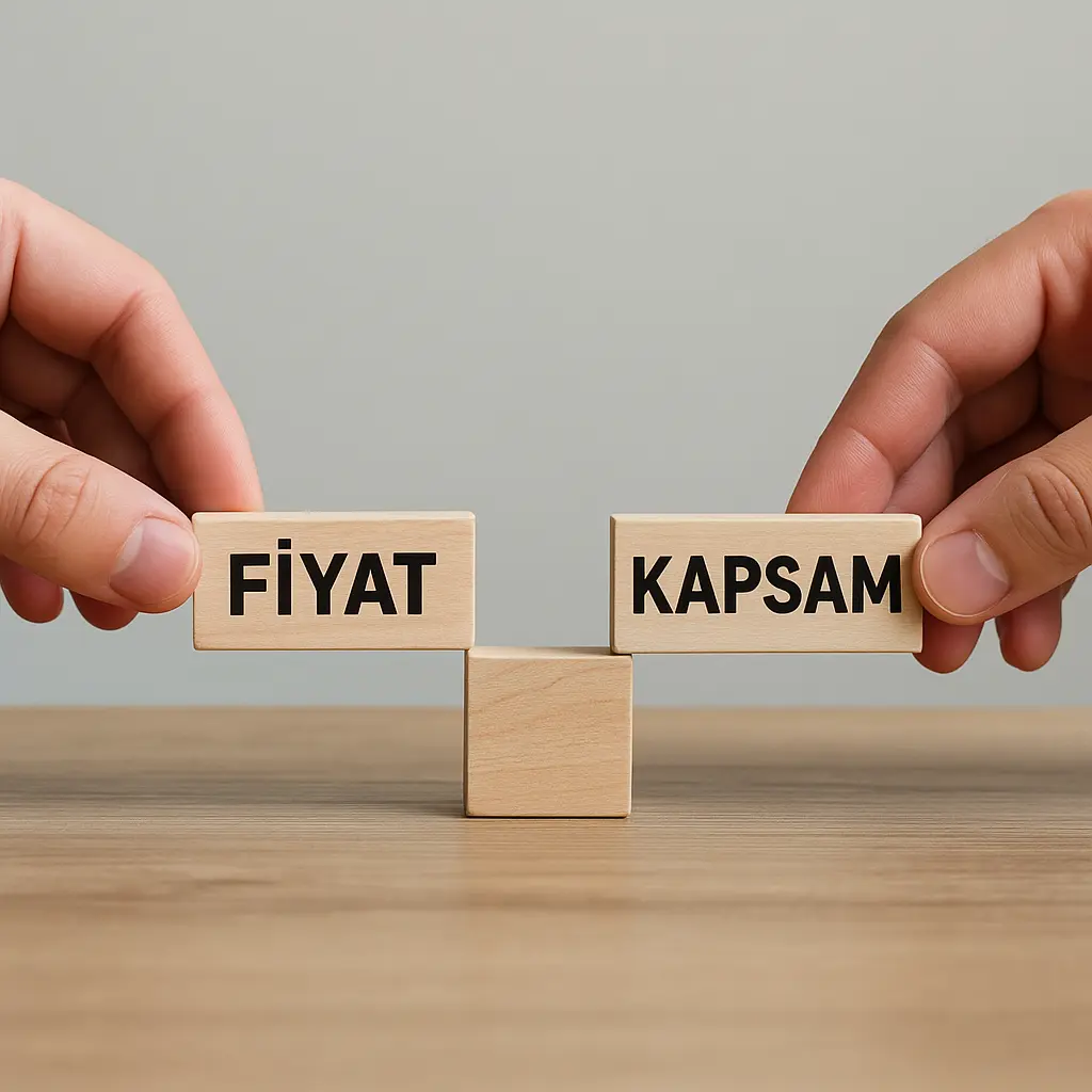 Sigorta seçiminde fiyat ve kapsam dengesi kavramını anlatan kurumsal Panacea Brokerlik görseli.