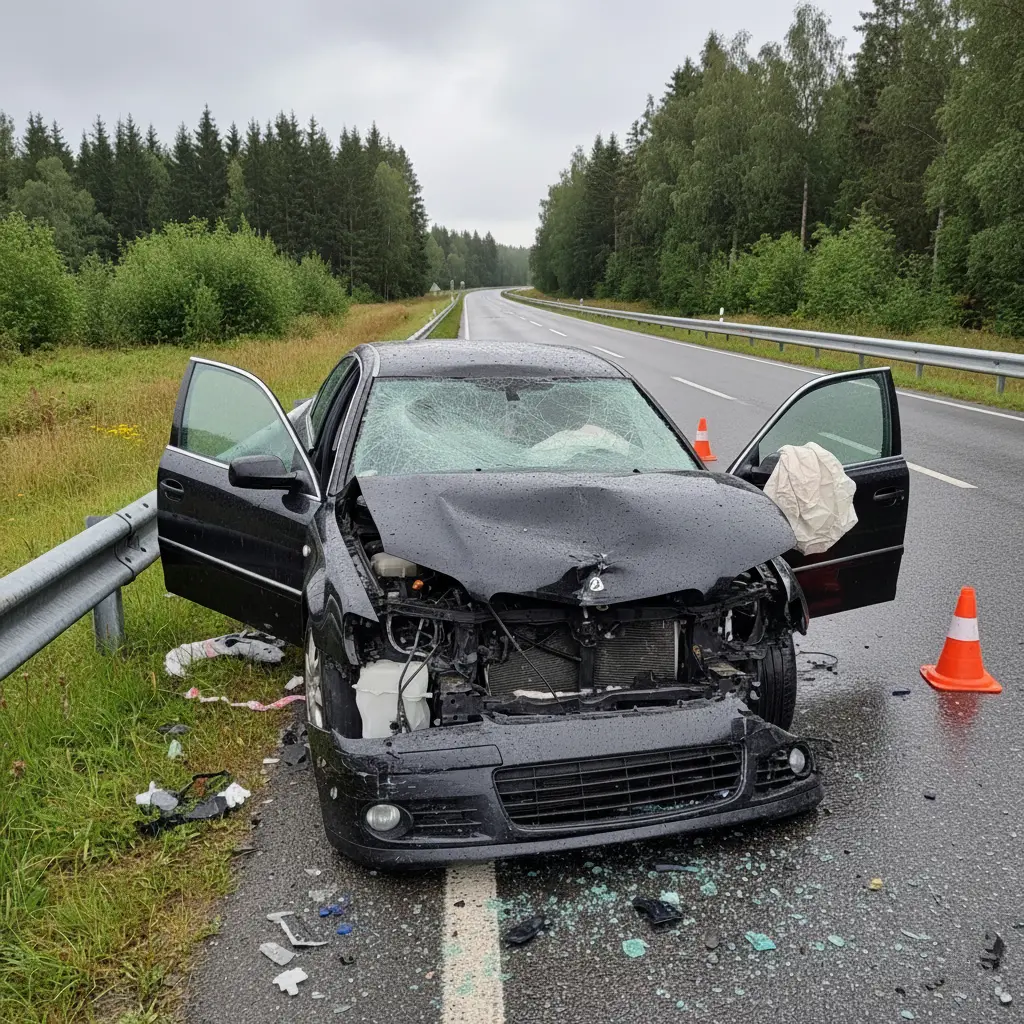 An insurance expert inspecting a heavily damaged car to prepare a total loss report for compensation.