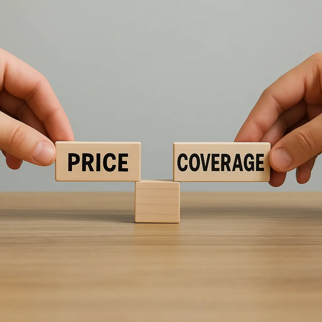 An insurance broker comparing two policy documents — one focused on price, the other on coverage, symbolizing decision balance.