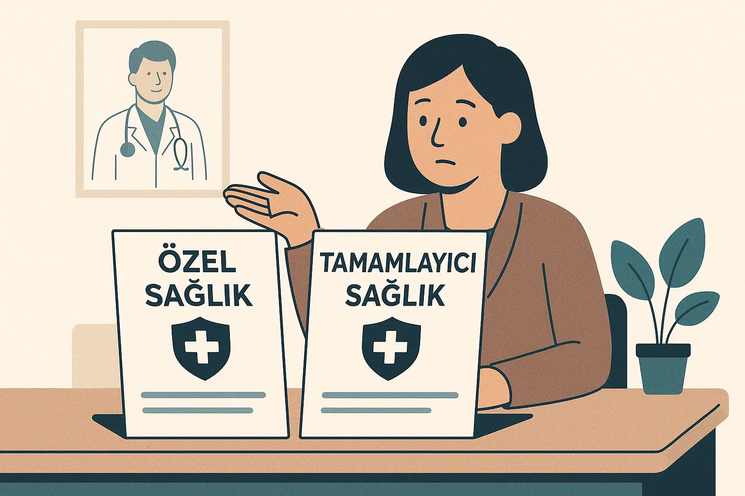 “Bir kadın, hastane danışmasında özel sağlık ve tamamlayıcı sağlık sigortası poliçelerini karşılaştırıyor. Arka planda doktor posteri yer alıyor.”