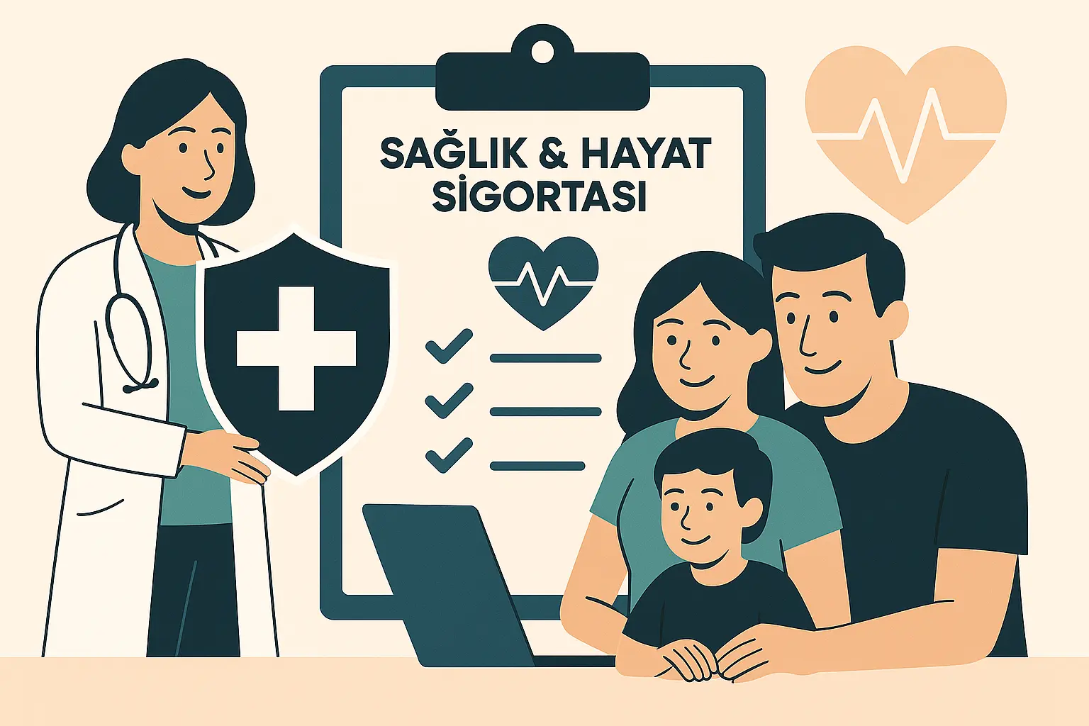 Bir doktor, sağlık ve hayat sigortaları hakkında bir aileye bilgi veriyor. Aile üyeleri güven içinde poliçeyi inceliyor.