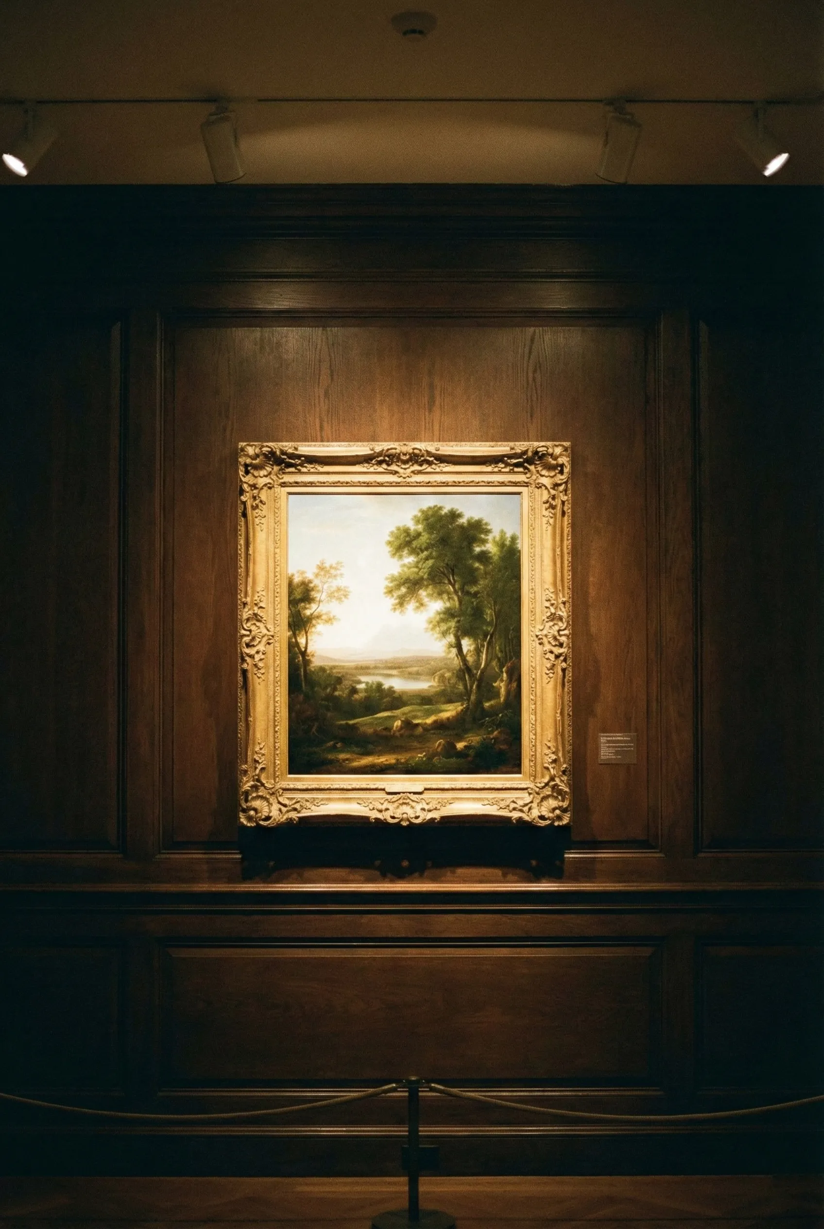 Müzede özel aydınlatma altında sergilenen paha biçilemez klasik tablo ve Panacea Sanat Sigortası güvencesi (fine art)