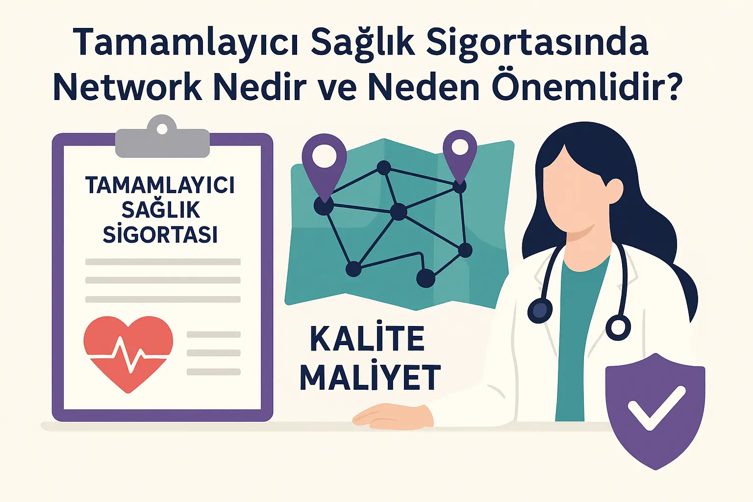 Tamamlayıcı sağlık sigortasında network kavramını anlatan illüstrasyon. Harita üzerinde bağlantılı hastaneler ağı ve bir doktor figürü yer alıyor.