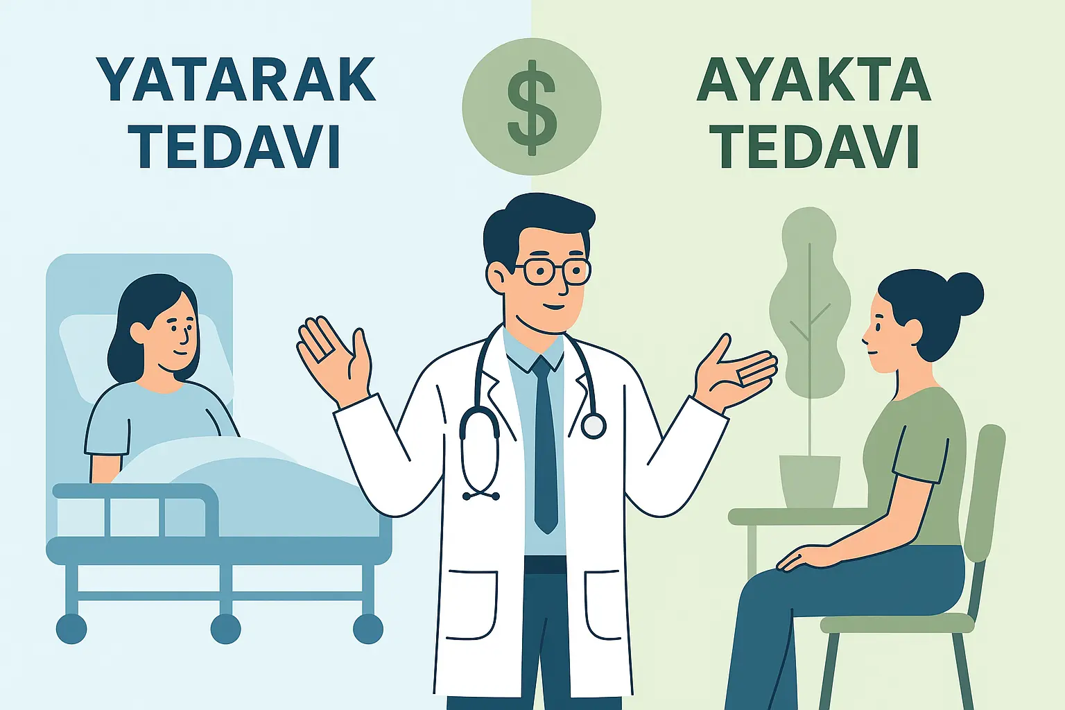 Bir doktor, yatarak tedavi ve ayakta tedavi farkını anlatıyor. Solda hastane yatağında bir hasta, sağda muayene sandalyesinde bir hasta yer alıyor