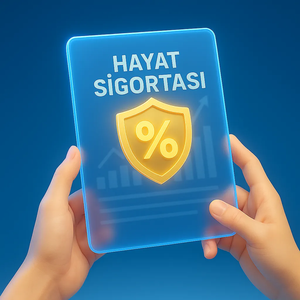Hayat sigortası avantajlarını temsil eden, yüzde işaretli kalkan ikonunun yer aldığı dijital sigorta kartını tutan eller.