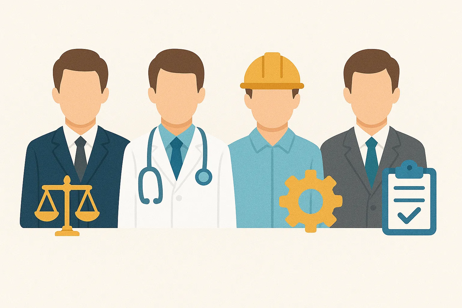 Avukat, doktor, mühendis ve iş güvenliği uzmanını temsil eden meslek ikonları — mesleki sorumluluk sigortası kapsamındaki profesyoneller.