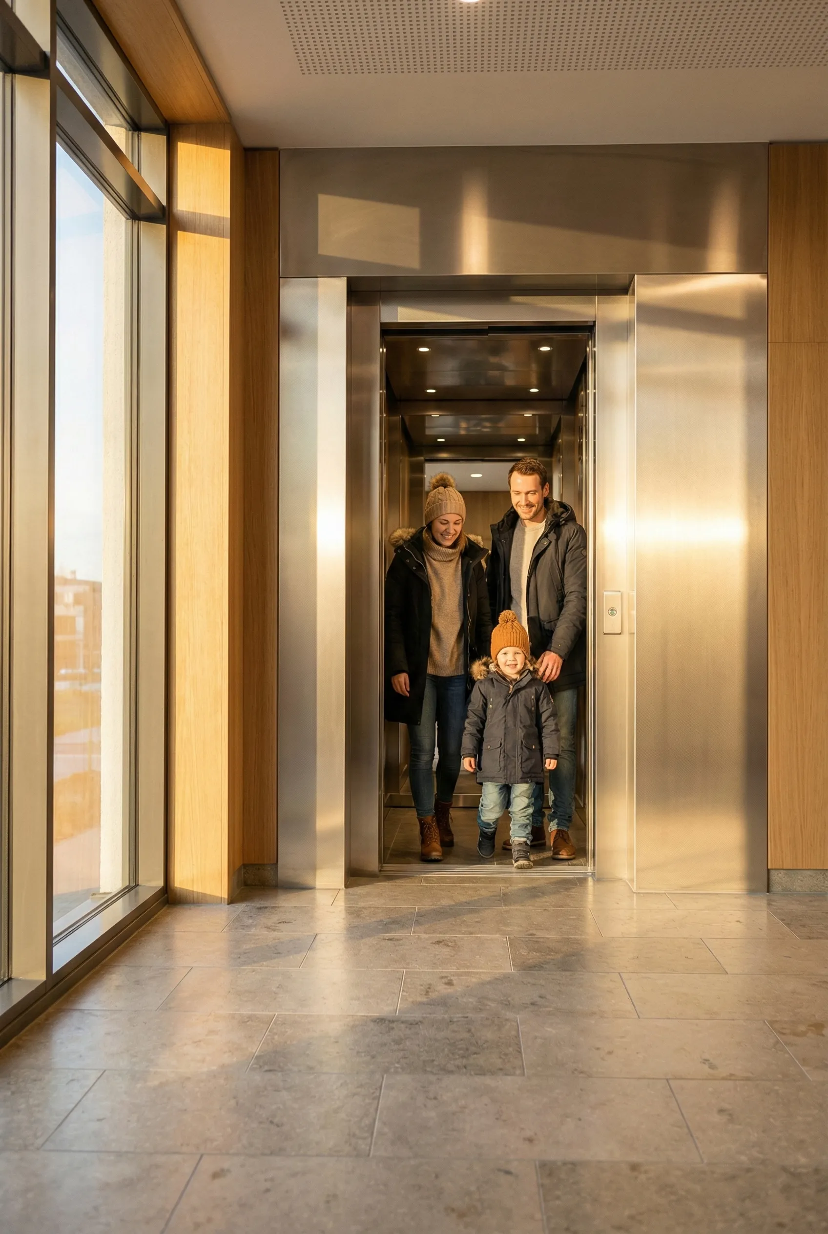 Modern bir apartman lobisinde, Asansör Mali Sorumluluk Sigortası güvencesini simgeleyen, asansörden güvenle inen mutlu bir aile. Parlak metal kapılar, güneş ışığı alan temiz bir bina girişi ve huzurlu site yaşamı.(elevator liability)