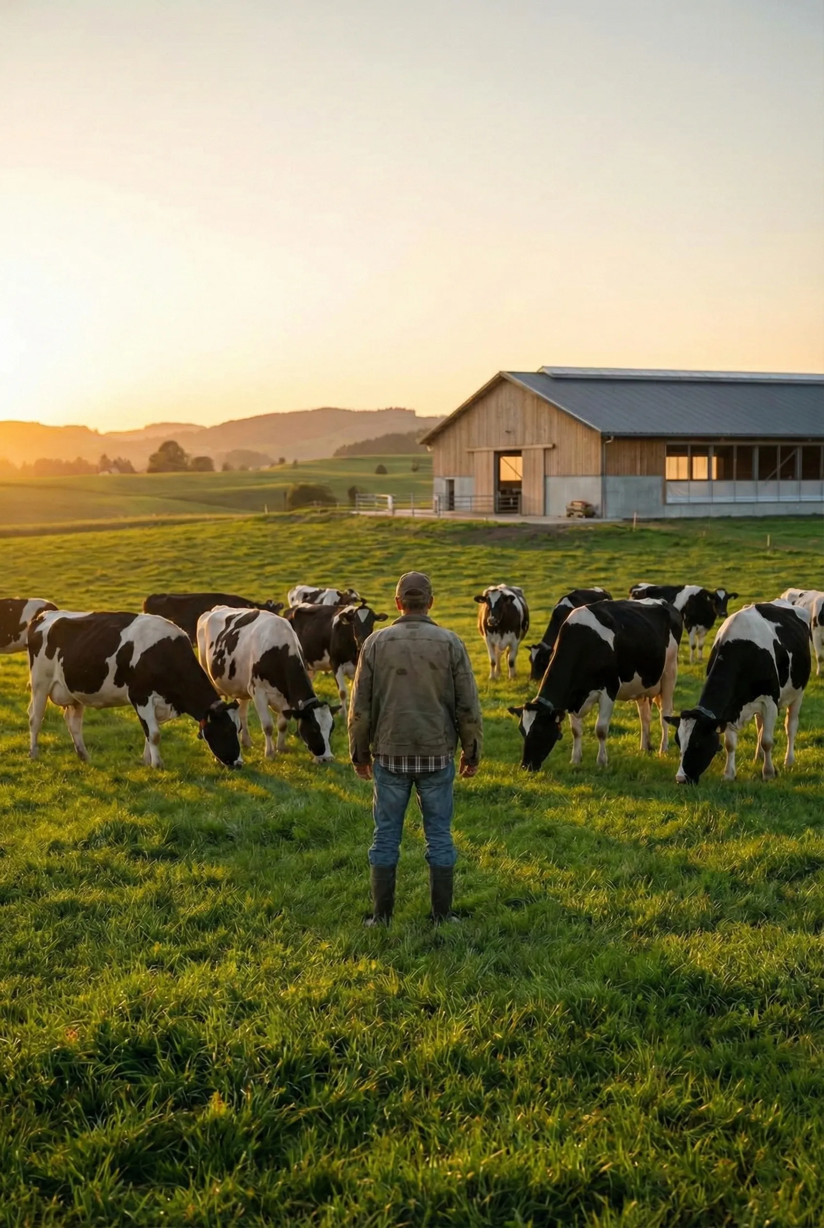 Panacea güvencesiyle Büyükbaş Hayvan Hayat Sigortası kapsamında merada otlayan sığır sürüsünü izleyen çiftçi (livestock)