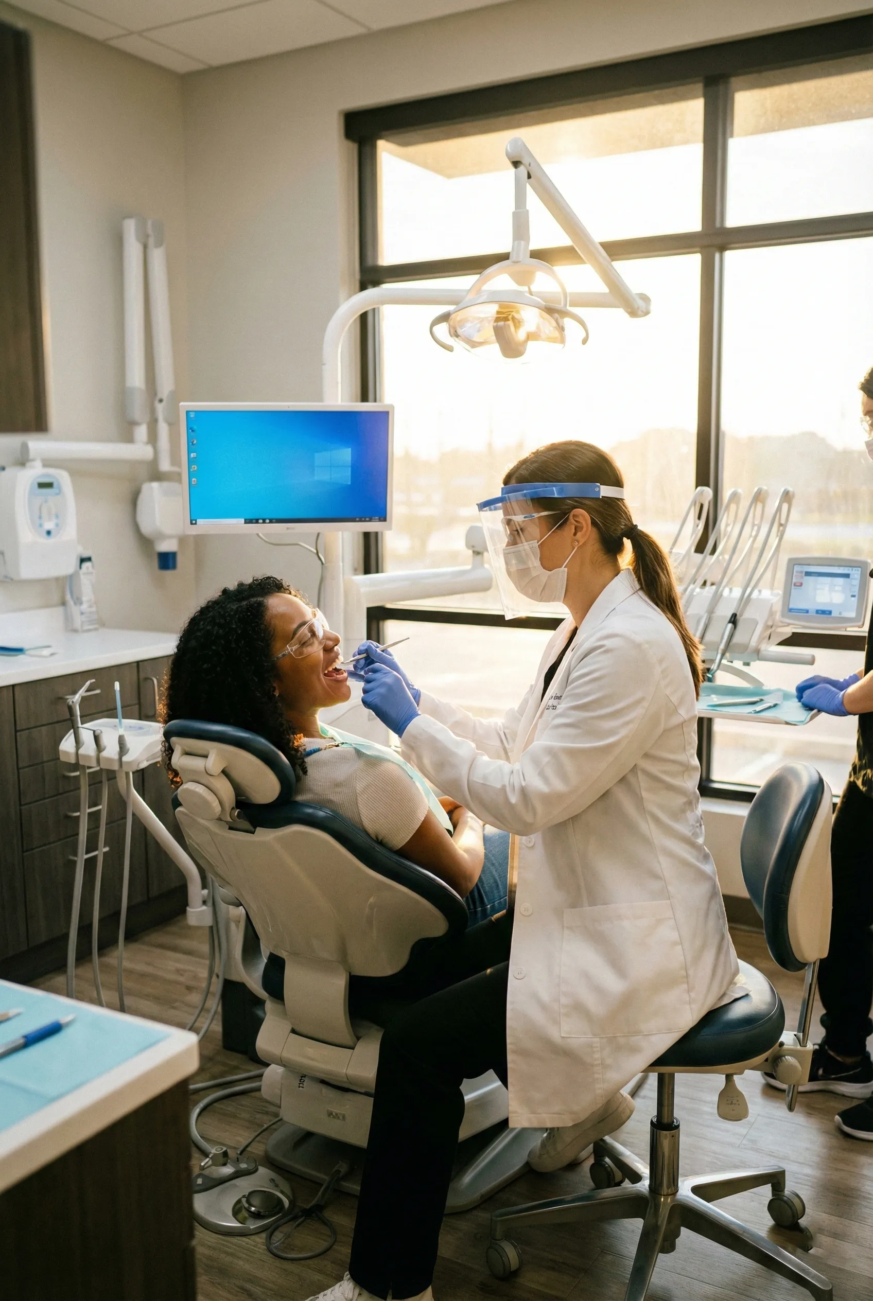 Modern ve aydınlık bir diş kliniğinde, yüksek teknoloji ekipmanlarla hastasını tedavi eden profesyonel diş hekimi ve mutlu hasta. Diş Hekimi Mesleki Sorumluluk Sigortası (Malpractice) kapsamında tıbbi hata güvencesi ve mesleki koruma teması.(Dentist Professional Liability Insurance)