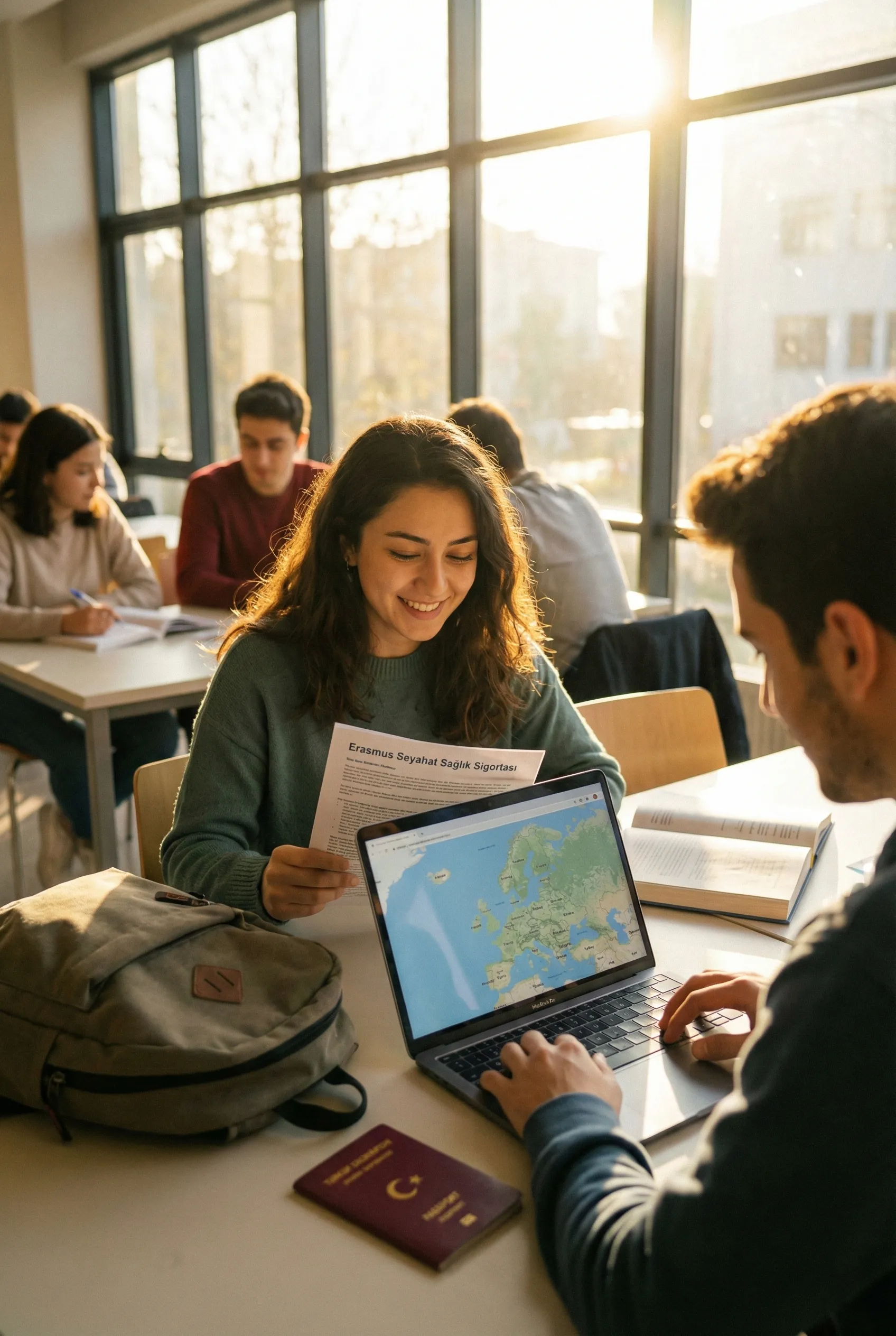 Üniversite kütüphanesinde önünde Türk pasaportu ve bilgisayarında Avrupa haritası açıkken Eğitim Erasmus Seyahat Sağlık Sigortası poliçesini inceleyen gülümseyen öğrenci.(education erasmus)