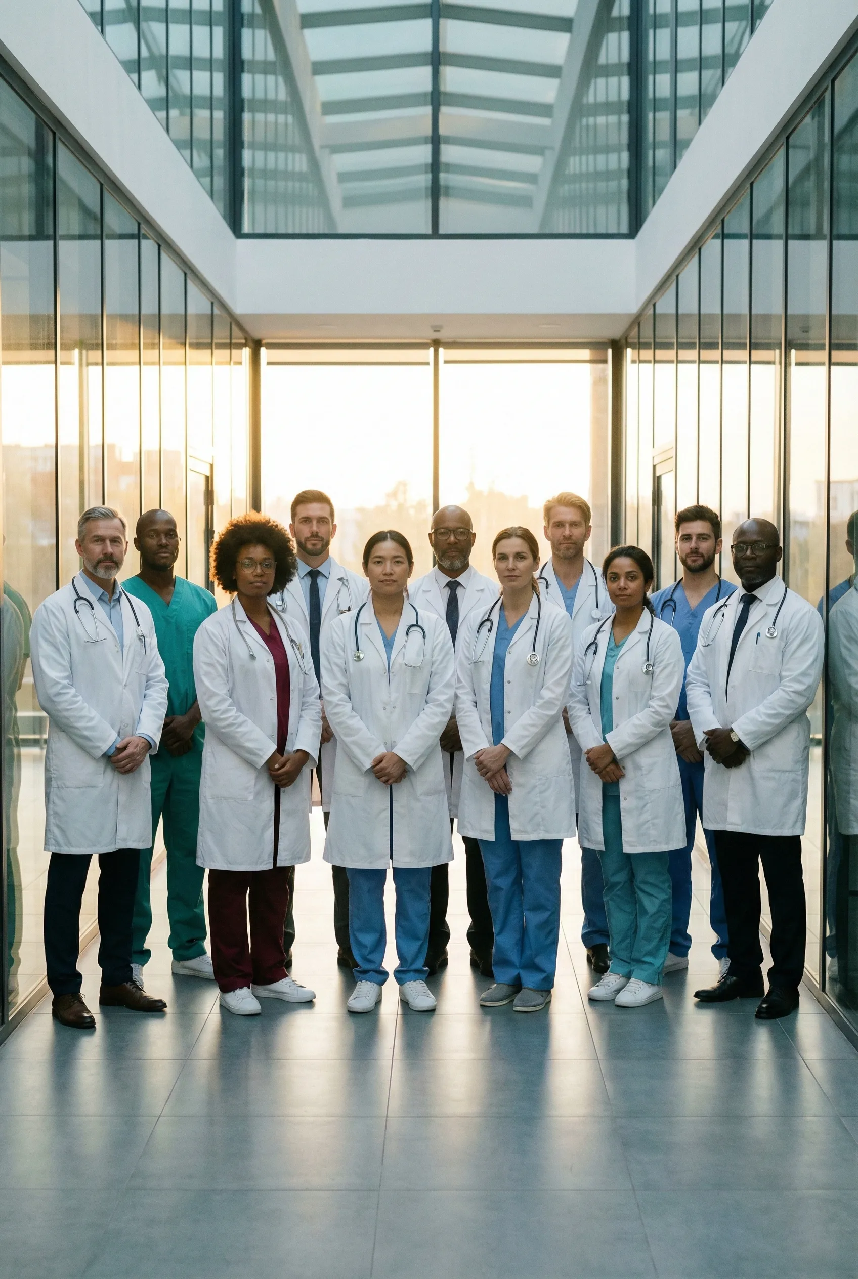 Modern bir hastane koridorunda, gün ışığı altında güvenle duran beyaz önlüklü uzman doktorlar ve cerrahlardan oluşan profesyonel ekip. Hekim Mesleki Sorumluluk Sigortası kapsamında tıbbi hata ve tazminat risklerine karşı mesleki koruma teması. (medical)