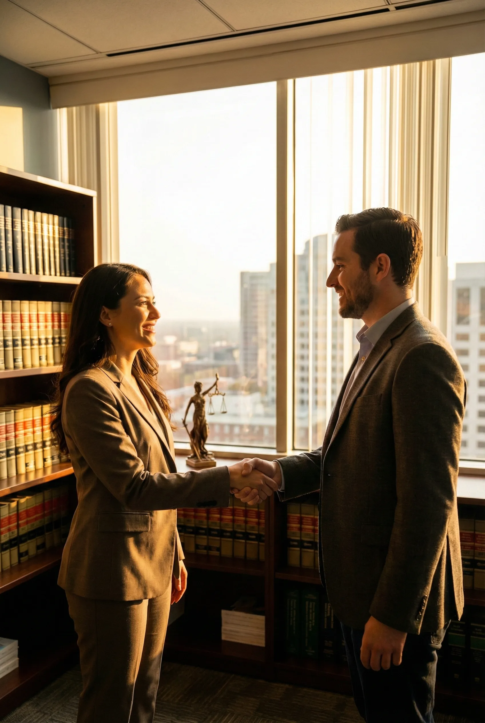 Güneşli ve modern bir hukuk bürosunda, Hukuksal Koruma Sigortası güvencesini temsil eden, tokalaşan profesyonel bir avukat ve müvekkil. Arka planda adalet terazisi, hukuk kitapları ve şehir manzarası bulunmaktadır. (legal)