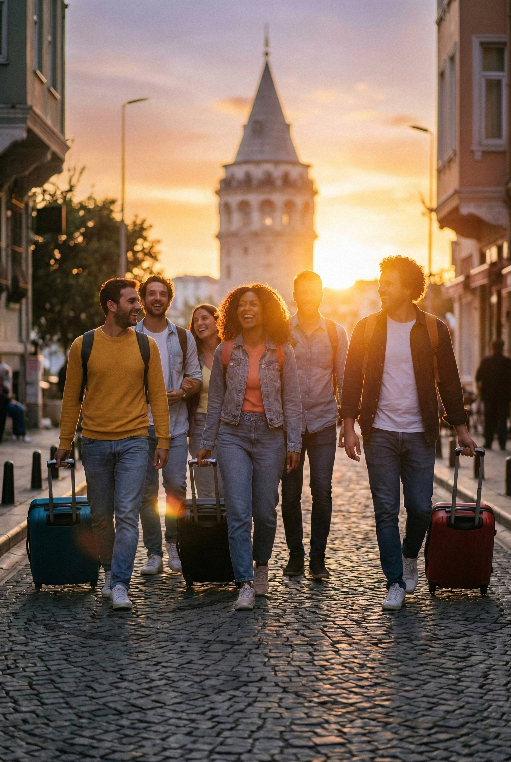 İstanbul Galata Kulesi sokağında bavullarıyla yürüyen mutlu turist grubu - Türkiye Incoming Seyahat Sağlık Sigortası ve vize işlemleri