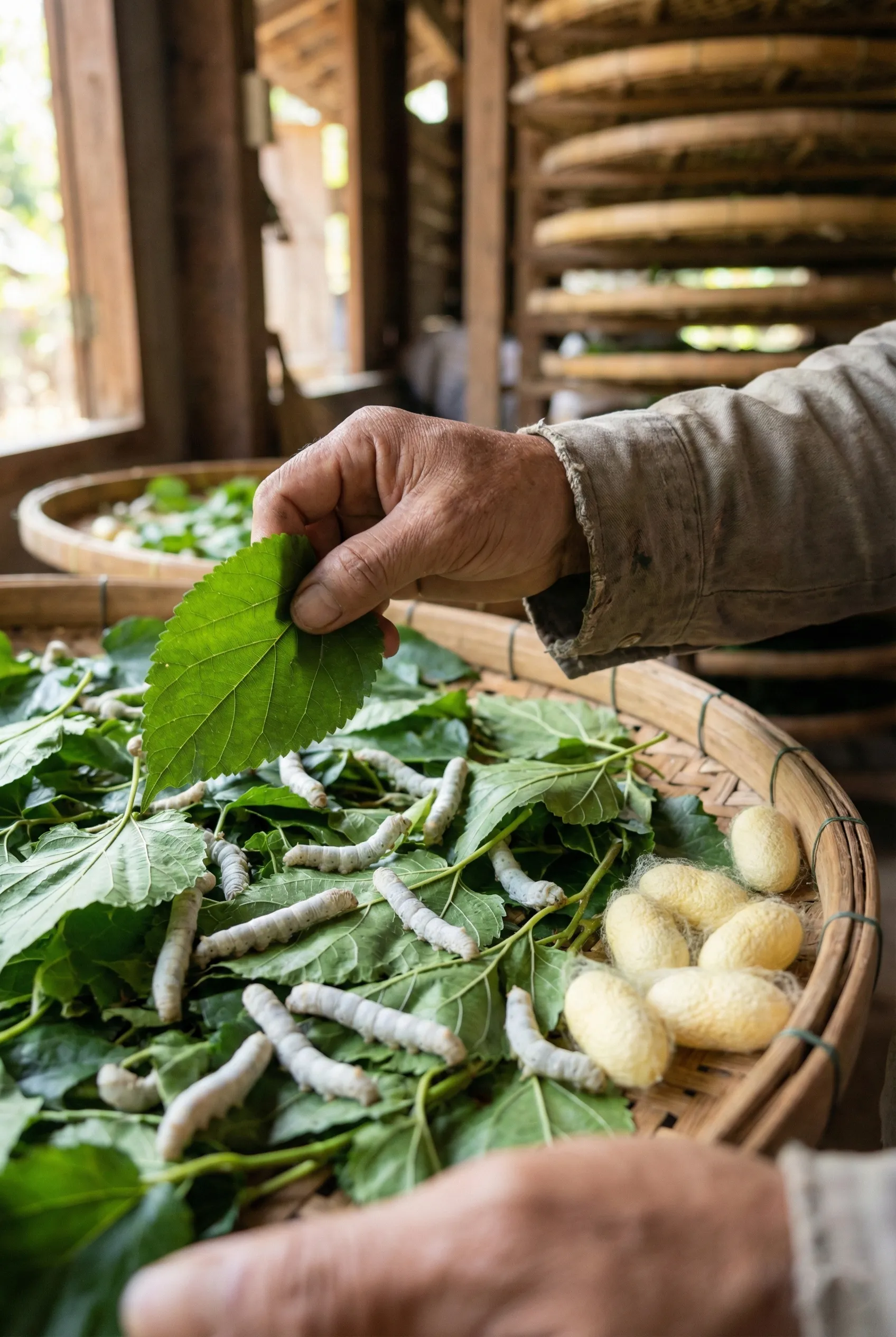 İpek böceği yetiştiriciliğinde dut yapraklarıyla beslenen ipek böcekleri ve üretimi güvence altına alan ipek böceği sigortası (silkworm)