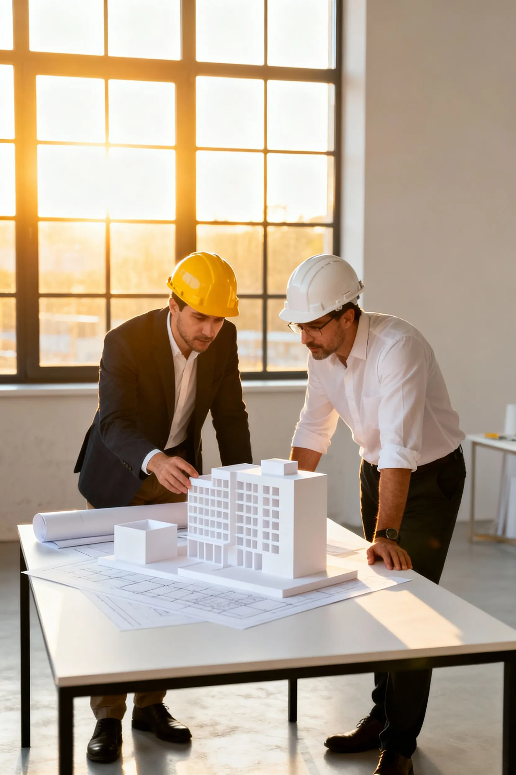 Mimar ve Mühendis Mesleki Sorumluluk Sigortası güvencesiyle proje maketi inceleyen uzmanlar. (engineer)
