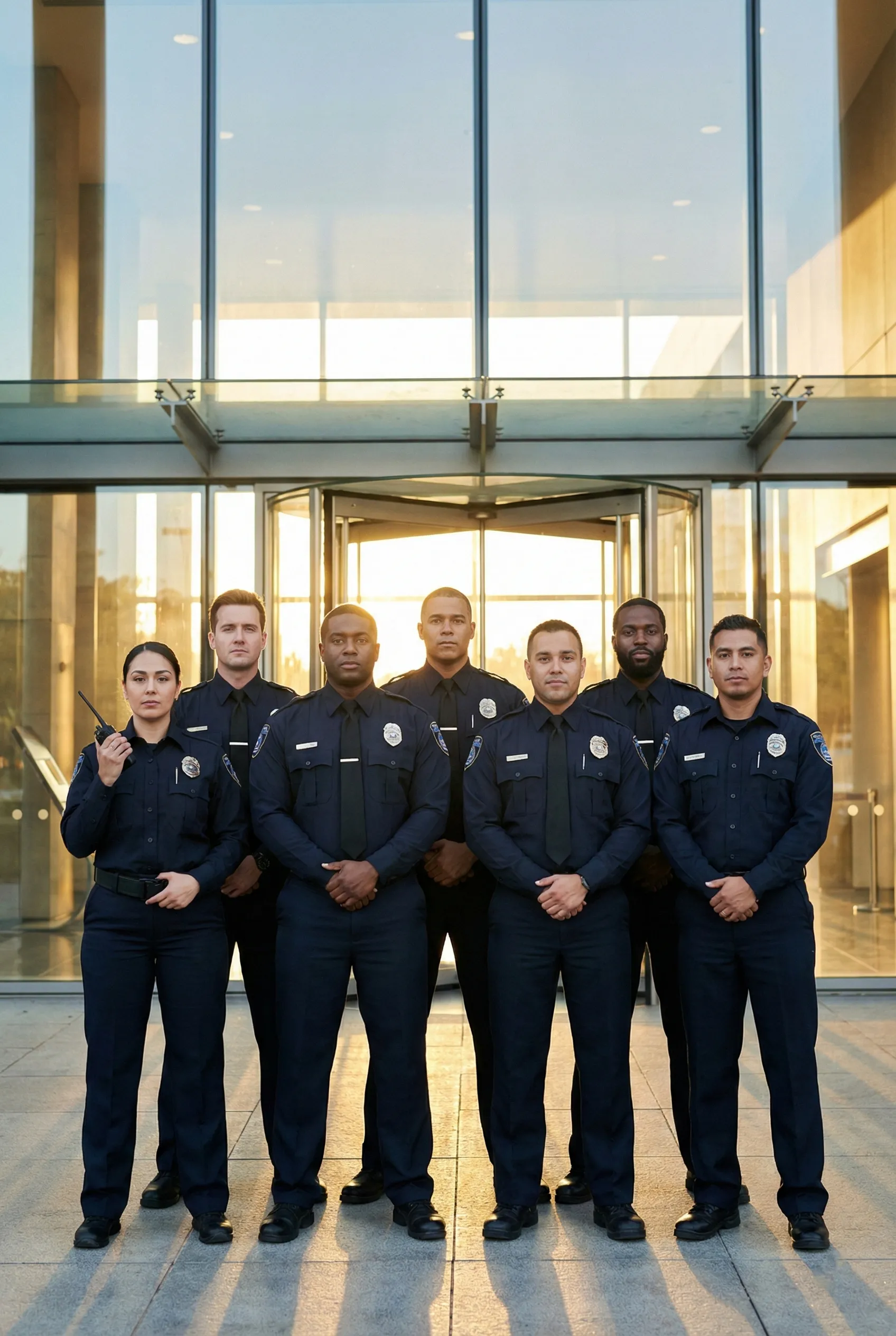 Modern bir iş merkezi girişinde kendinden emin duran, üniformalı ve teçhizatlı profesyonel özel güvenlik (private security)ekibi. Telsizle iletişim kuran güvenlik görevlisi ile Özel Güvenlik Mali Sorumluluk Sigortası kapsamındaki üçüncü şahıs koruma teması.