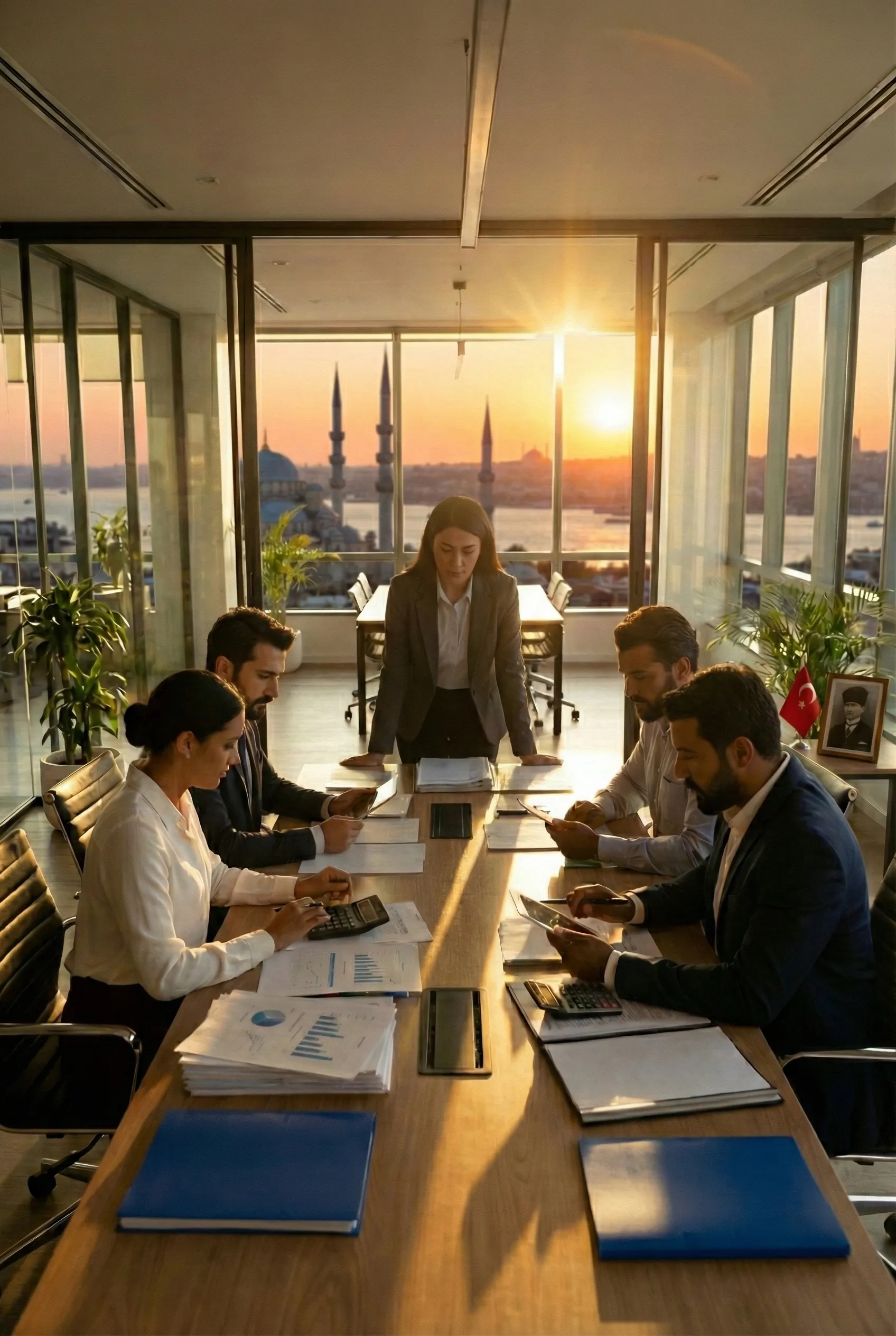 SMMM Mesleki Sorumluluk Sigortası ile korunan modern ofiste çalışan Türk mali müşavirler ve finansal danışmanlar. (accountant)
