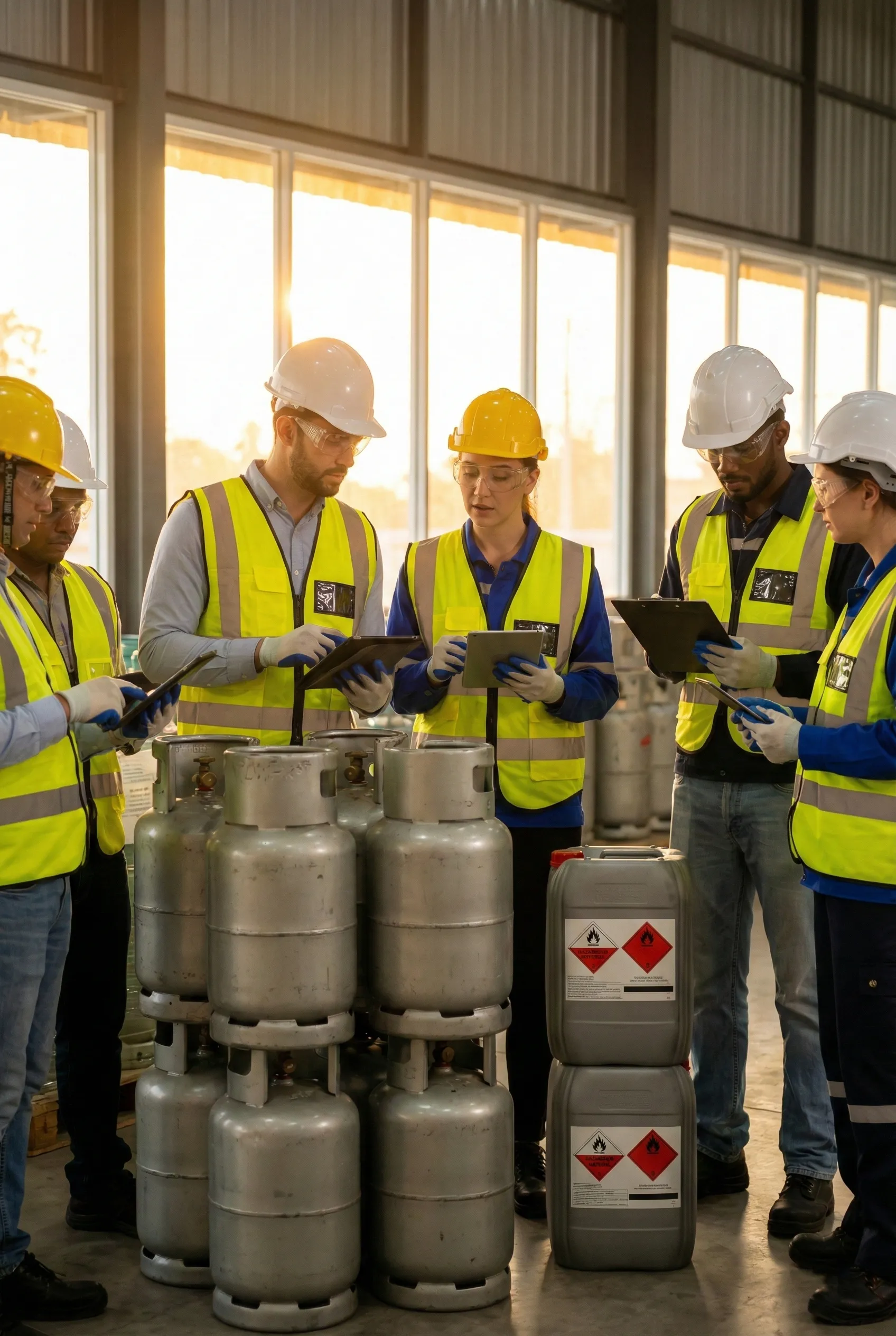 Güneş ışığı alan modern bir sanayi deposunda, koruyucu ekipman (PPE) giymiş uzman personellerin sanayi tipi tüpleri ve tehlikeli madde varillerini titizlikle denetlemesi. Tehlikeli Maddeler ve Tüpgaz Sorumluluk Sigortası kapsamında iş güvenliği ve risk yönetimi teması.(dangerous)
