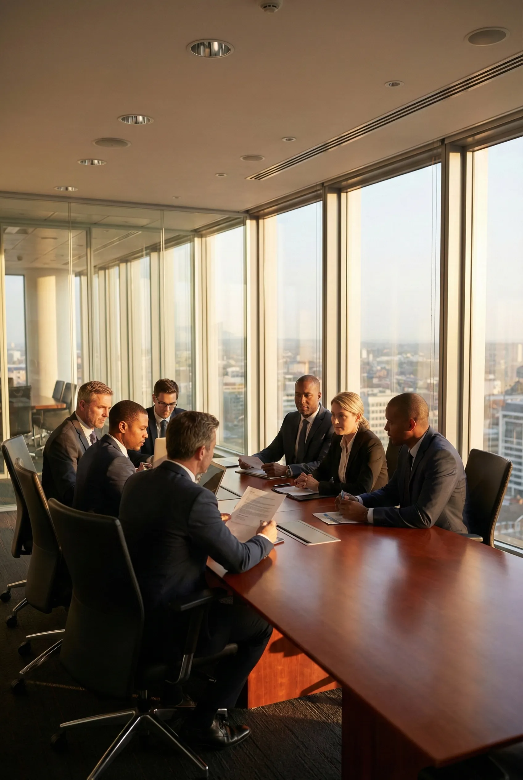 Şehir manzaralı modern bir toplantı odasında, ciddi kararlar alan üst düzey yöneticiler ve yönetim kurulu üyeleri. Yönetici Sorumluluk Sigortası kapsamında yöneticilerin finansal risklere ve tazminat taleplerine karşı korunduğunu simgeleyen kurumsal görsel. (directors and officers)