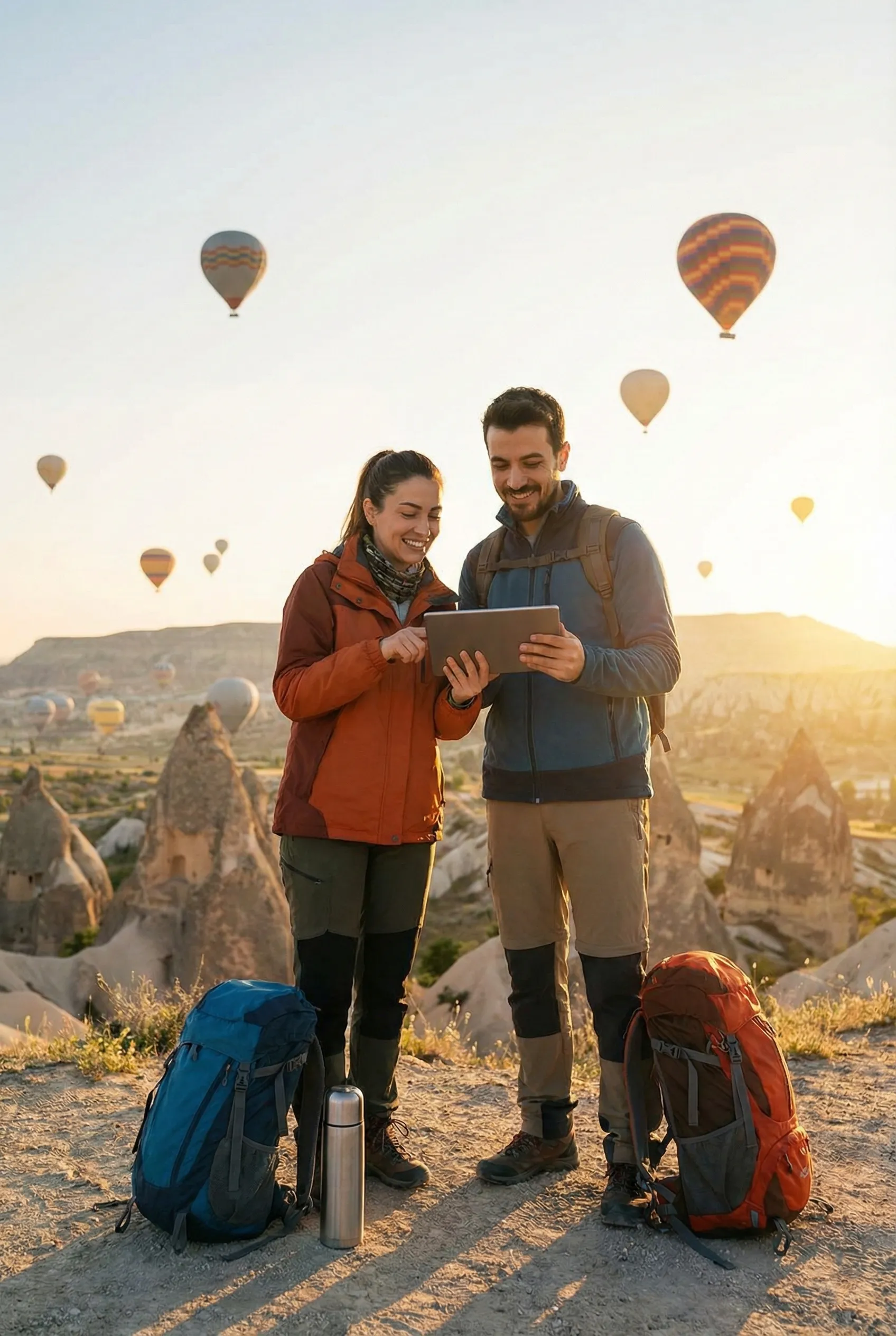 Yurtiçi seyahat sağlık sigortası güvencesiyle Türkiye turuna çıkan mutlu bir çift ve arkada doğal manzara. (domestic)