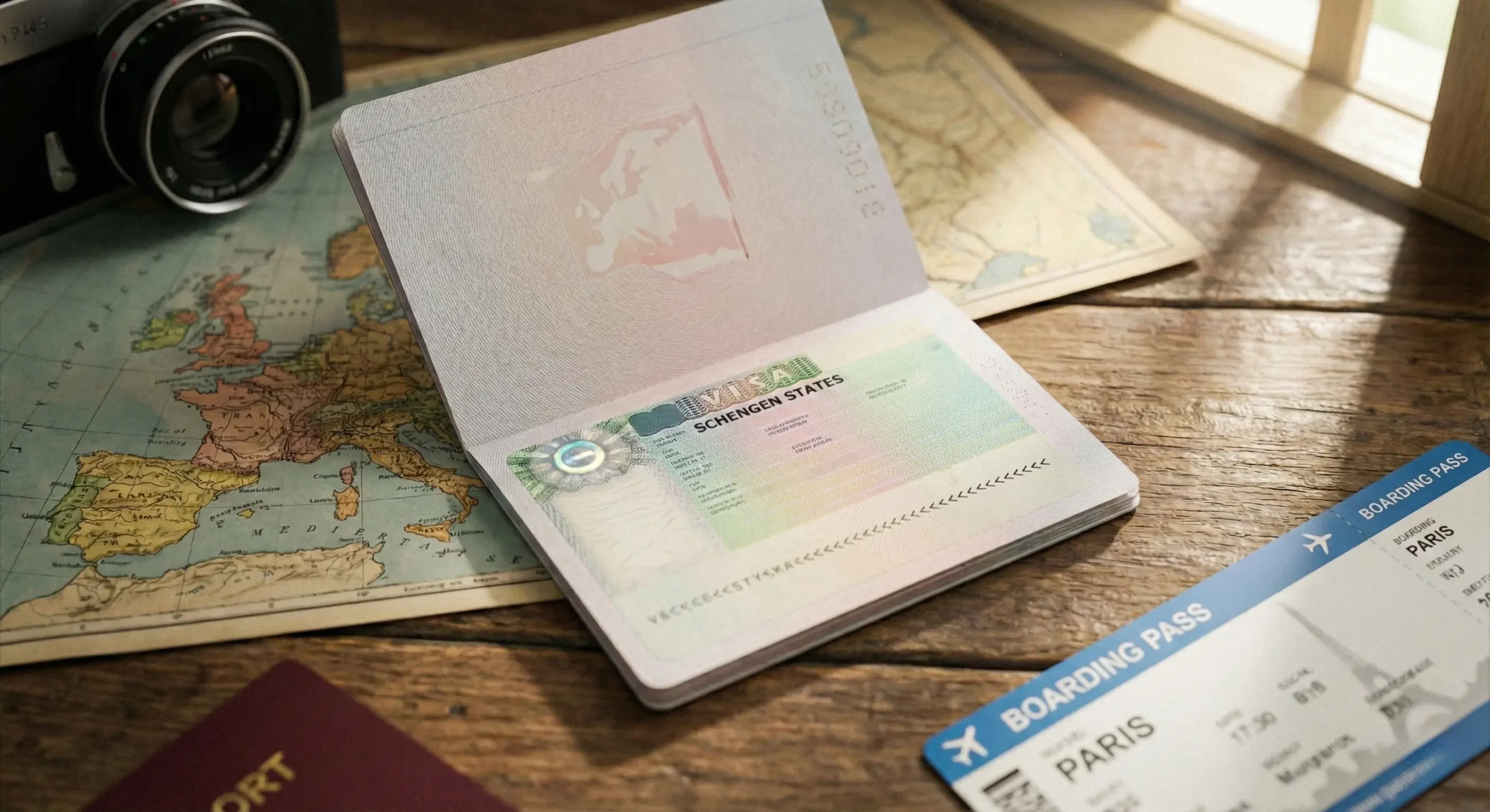 Schengen vizesi bulunan açık pasaport, Avrupa haritası, uçak bileti ve seyahat ekipmanlarıyla birlikte masa üzerinde.