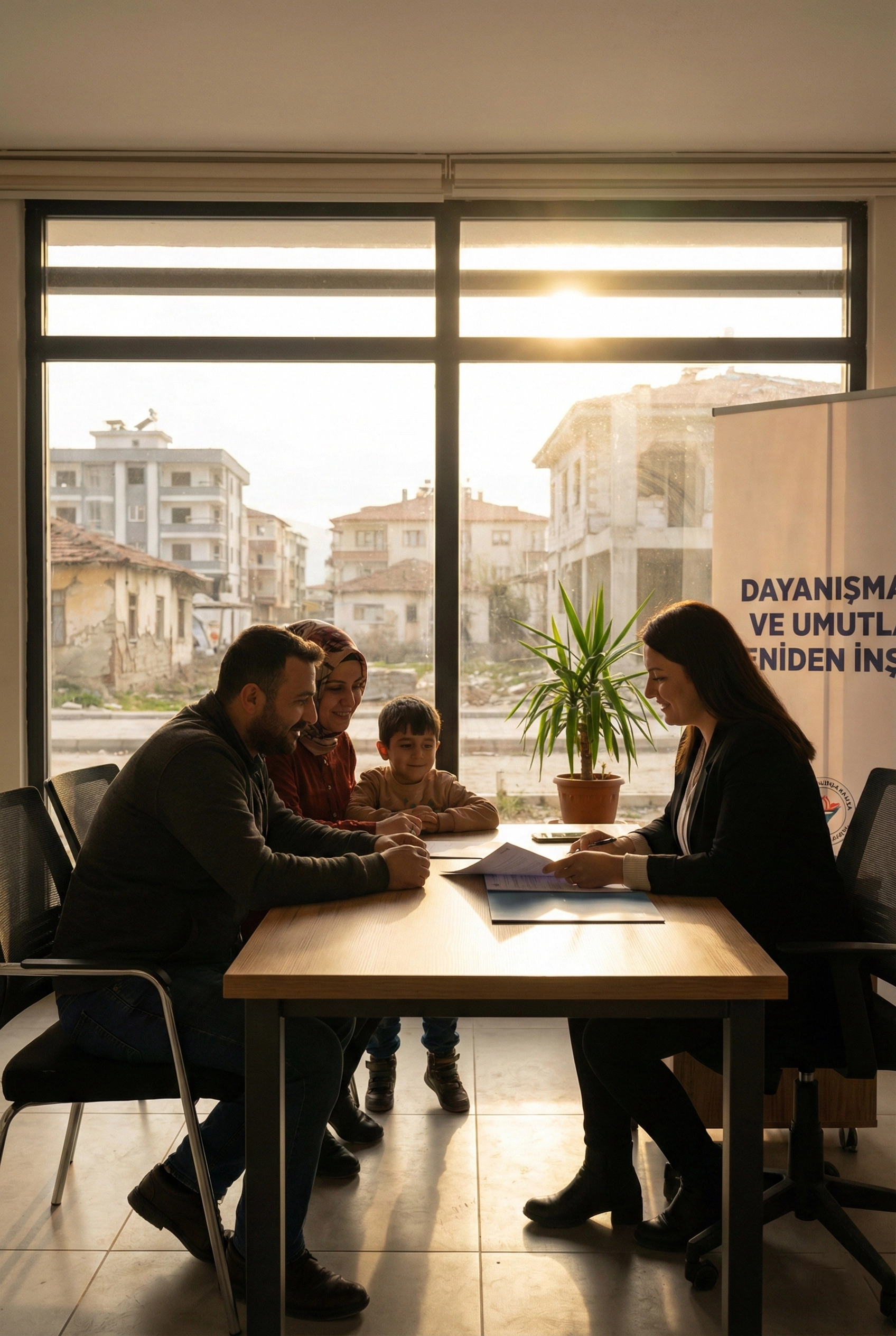 Bir aile ve sigorta danışmanının güneş ışığı alan modern bir ofiste DASK ve konut sigortası poliçesi üzerine konuşması, güven ve dayanışma atmosferi.