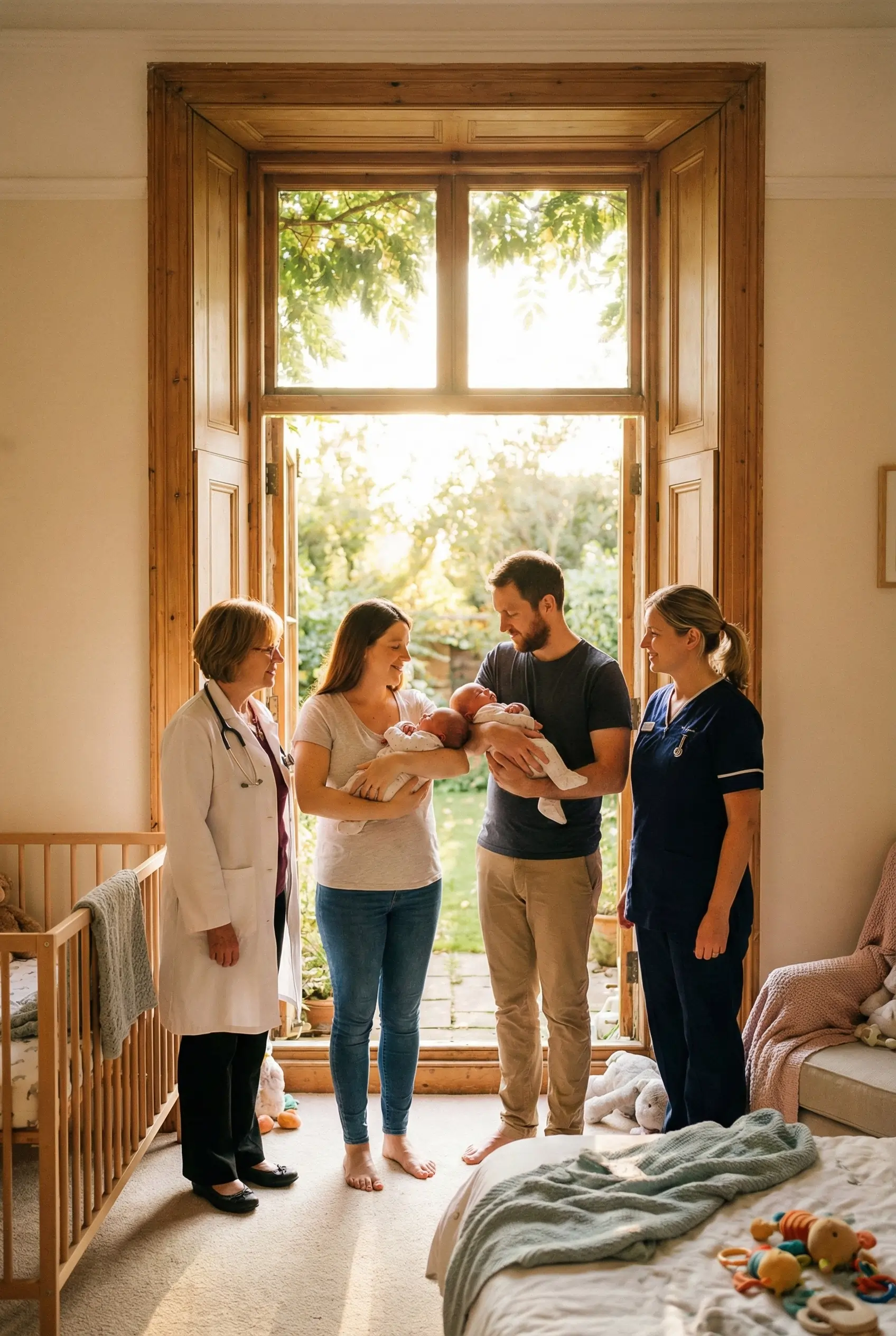 Hayata Adım Tamamlayıcı Sağlık Sigortası ile yeni doğum yapmış aile, doktor ve hemşire ile bebek odası pencere önünde mutlu anlar yaşıyor.