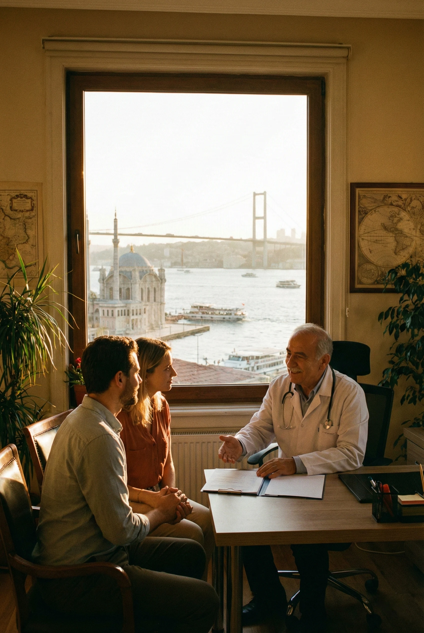 İstanbul Boğaz manzaralı doktor muayenehanesinde yabancı çift incoming seyahat sağlık sigortası danışmanlığı alırken 60.000 USD teminat görüşmesi