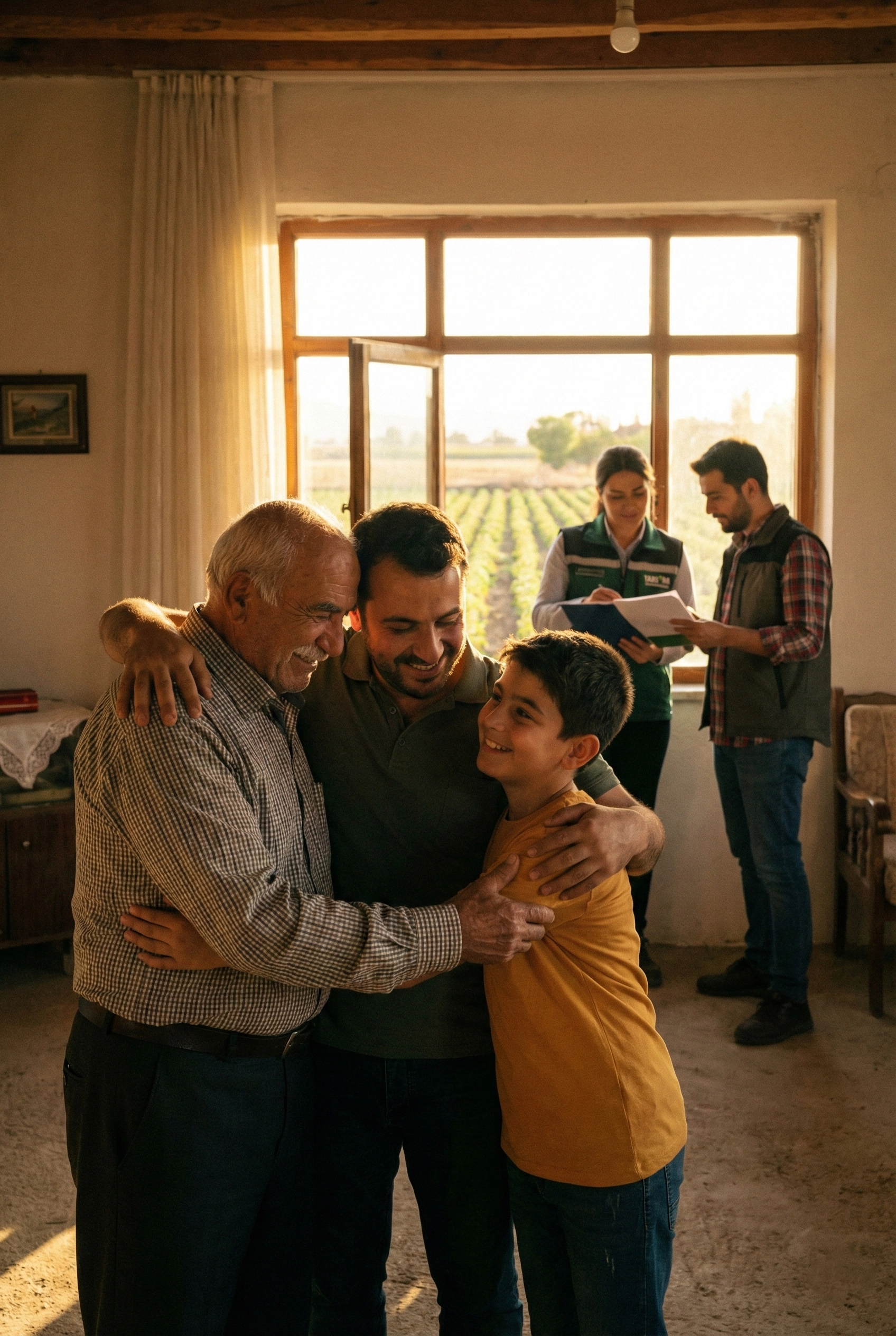 2026 TARSİM devlet destekli tarım sigortası yaptıran, pencere önünde birbirine güvenle sarılan üç kuşak çiftçi ailesi ve arka planda güneş ışığıyla aydınlanan verimli tarım arazileri.