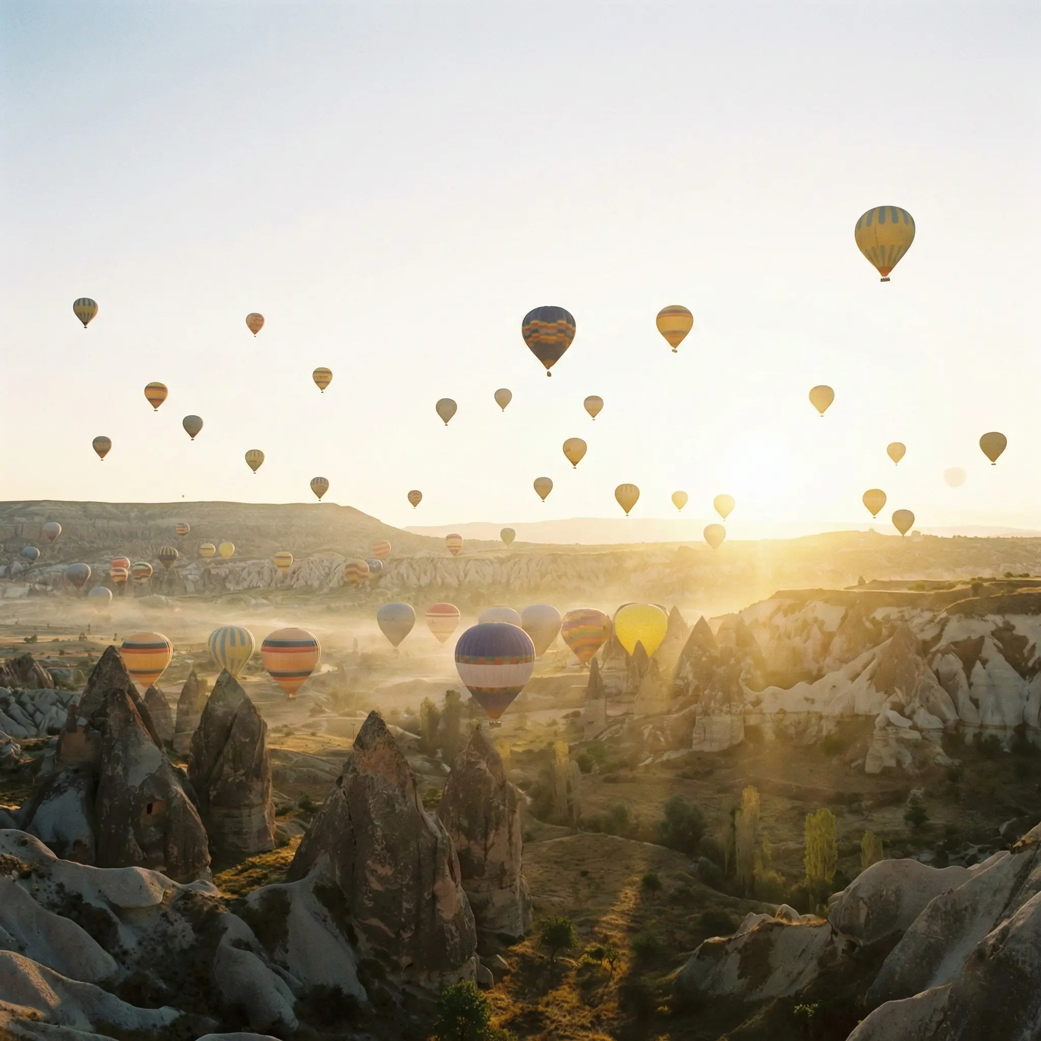 Kapadokya’da gün doğarken yolcu taşıyan sıcak hava balonları ve Panacea Balon Sigortası güvencesini simgeleyen manzara.