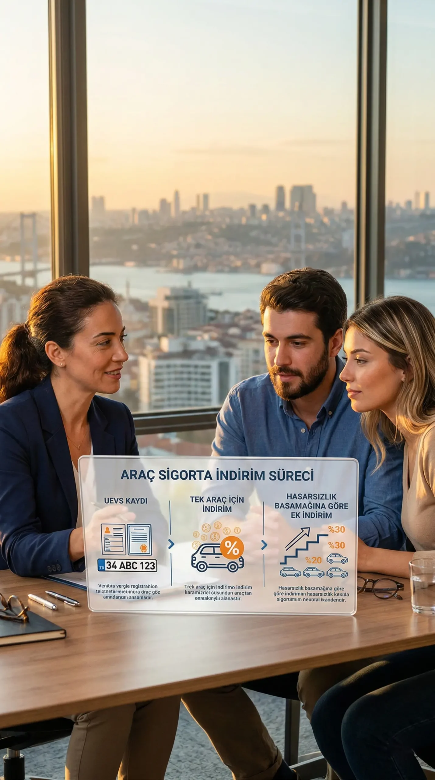 Engelli bireylere trafik sigortası için UEVS kaydı, tek araç için indirim ve hasarsızlık basamağına göre ek indirim sürecini gösteren infografik