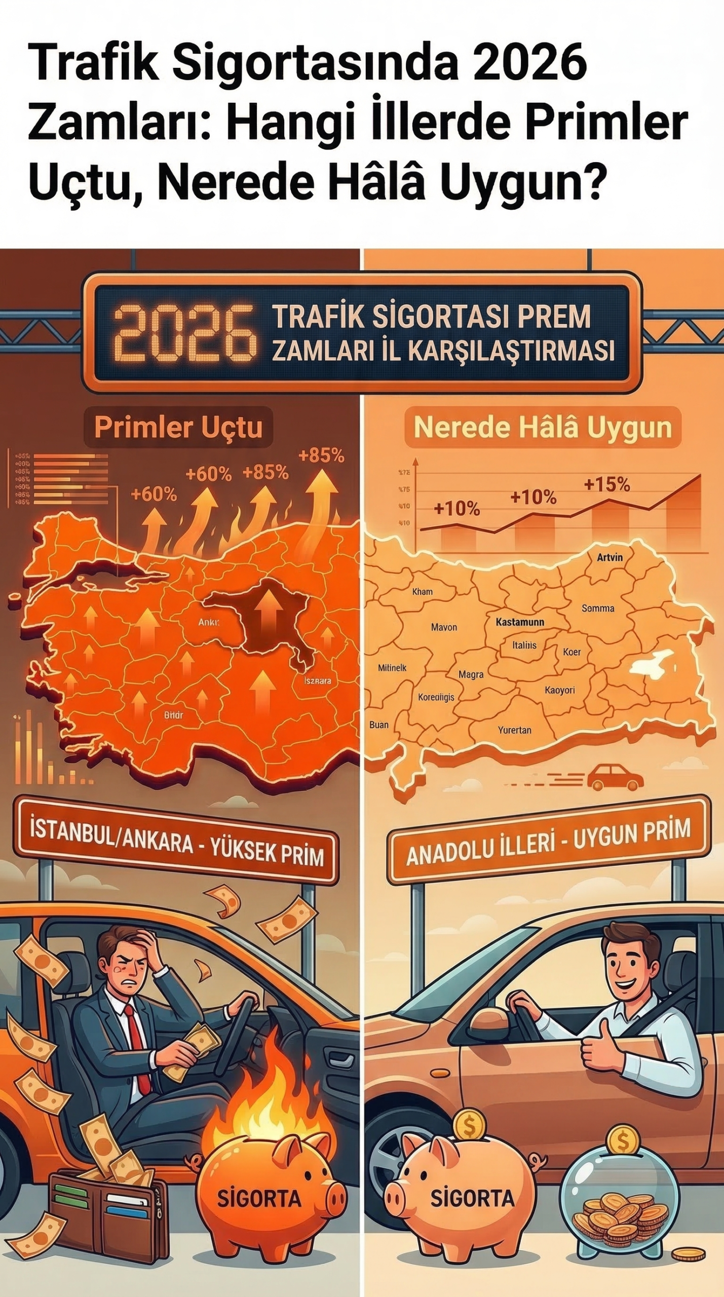 2026 trafik sigortası zamları, illere göre prim artışları ve İstanbul Ankara yüksek prim, Anadolu illeri uygun prim karşılaştırması görseli
