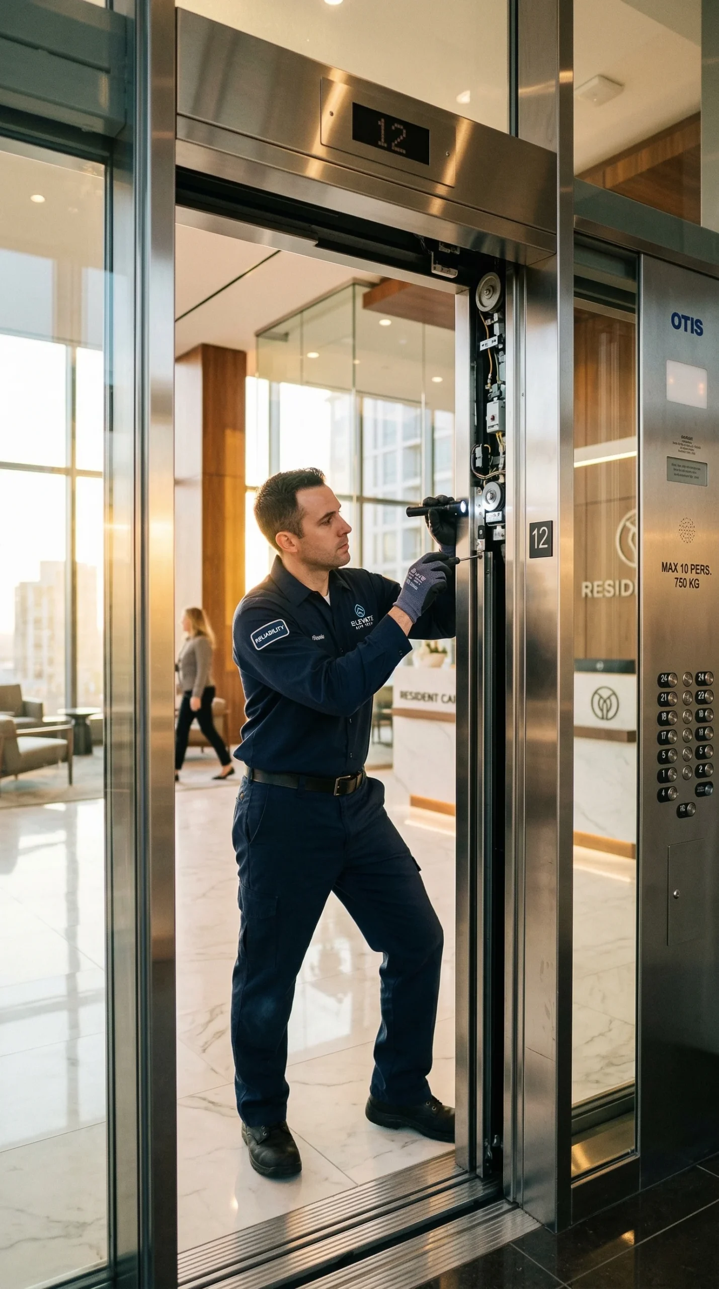 Asansör bakım teknisyeni, bina içindeki asansör kabininin kapı mekanizmasını kontrol ederek bakım çalışması yapıyor; asansör mali sorumluluk sigortasının önemini gösteren teknik servis sahnesi.