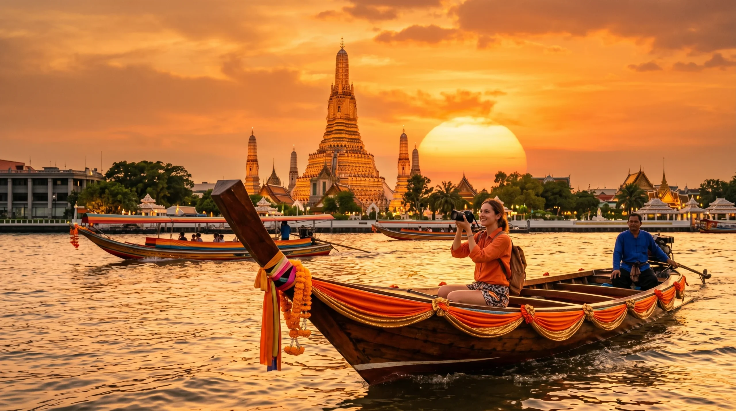 Tayland’da gün batımında nehir üzerinde geleneksel uzun kuyruklu teknede seyahat eden turist ve arkada Wat Arun tapınağı manzarası