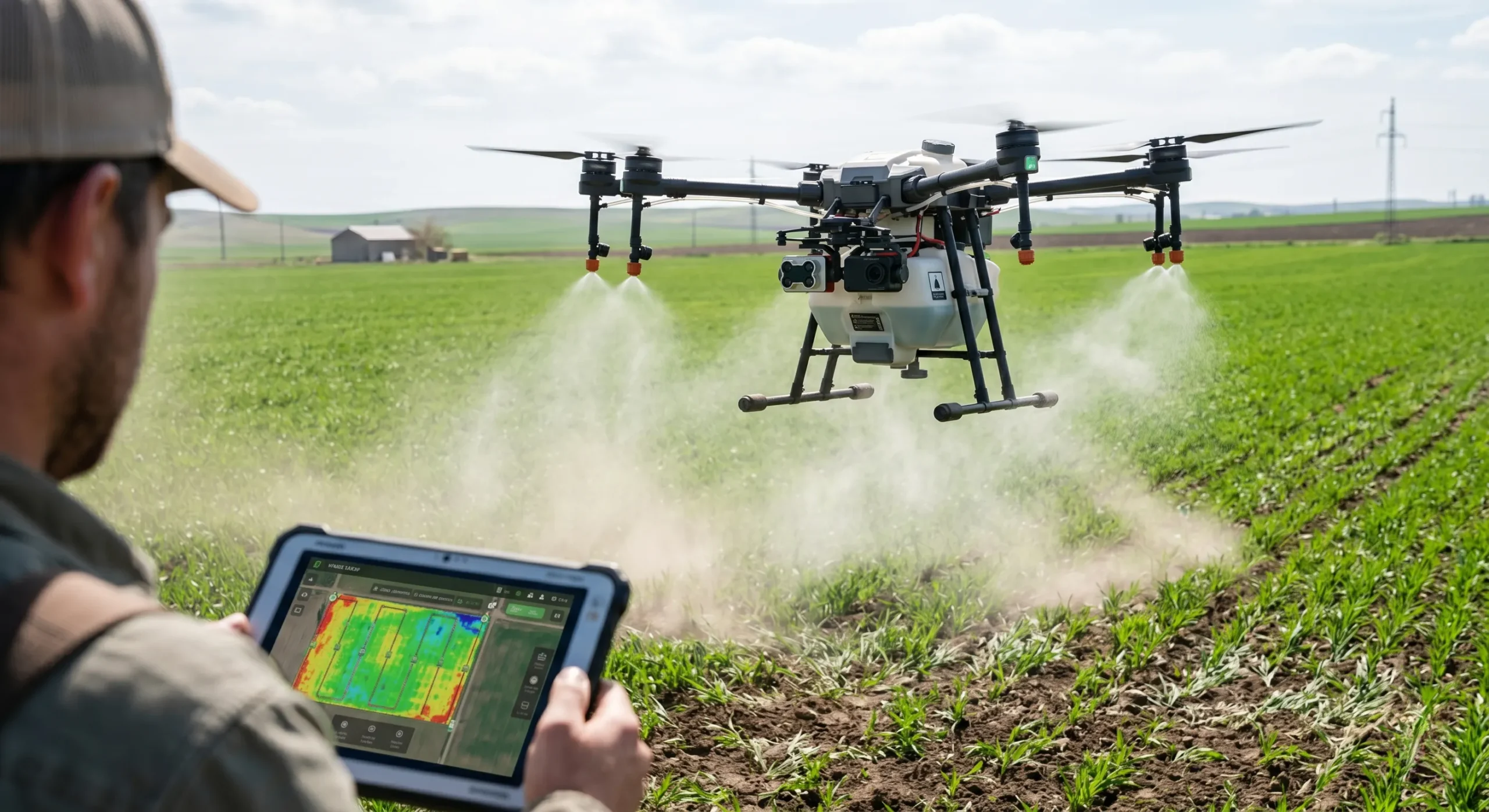 Zirai sigorta kapsamında değerlendirilebilecek tarım arazisinde, drone ile ilaçlama yapılırken çiftçi tablet üzerinden tarlayı kontrol ediyor.
