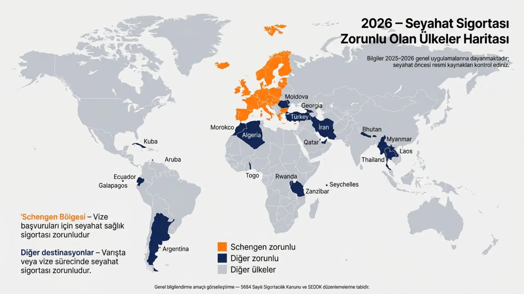 2026 seyahat sigortası zorunlu ülkeler haritası, Schengen ve diğer zorunlu destinasyonları turuncu ve lacivertle gösteren dünya haritası