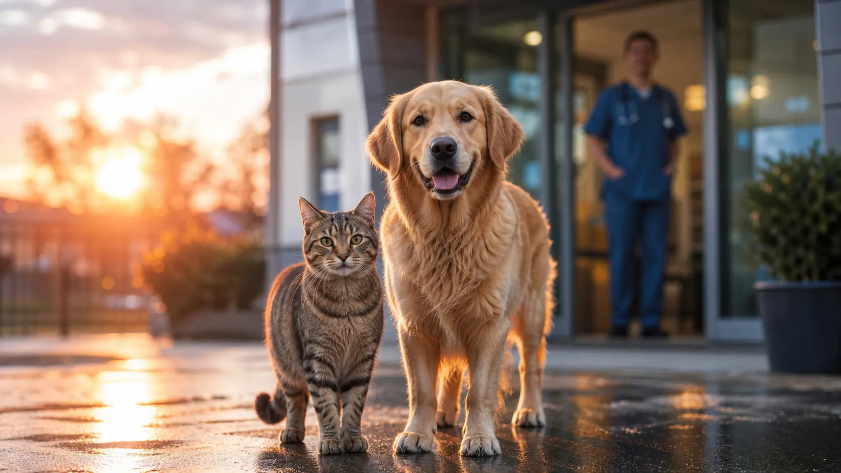 Gün doğumunda veteriner kliniği önünde duran kedi ve köpek, pet sigortası veteriner giderlerini simgeleyen gerçekçi görsel