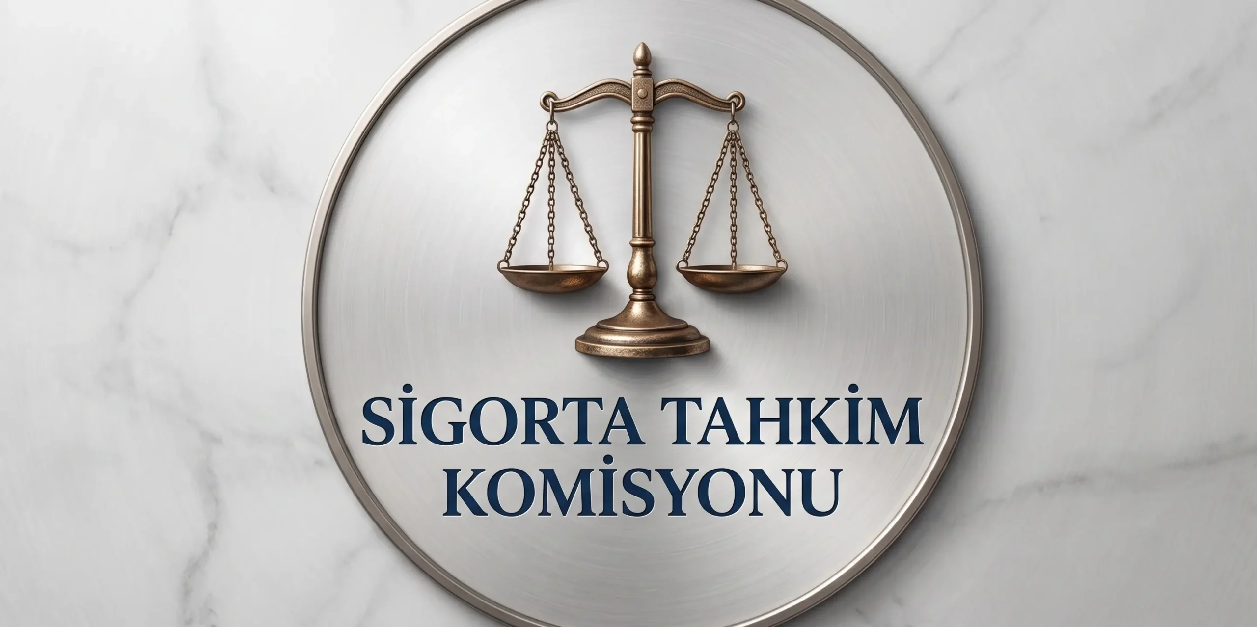 Mermer zemin üzerinde adalet terazisi simgesi ve “Sigorta Tahkim Komisyonu” yazısının yer aldığı kurumsal görsel.