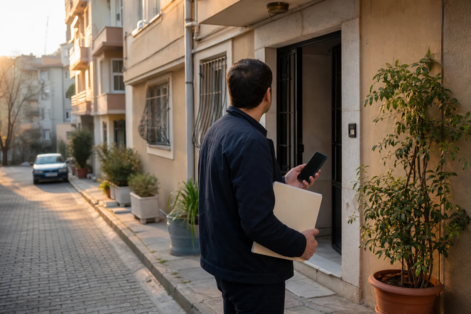 Bir apartman girişinde elinde evrak ve telefon bulunan kişinin bina önünde inceleme yaptığı görüntü. DASK poliçesi işlemleri ve zorunlu deprem sigortasını temsil eden görsel.