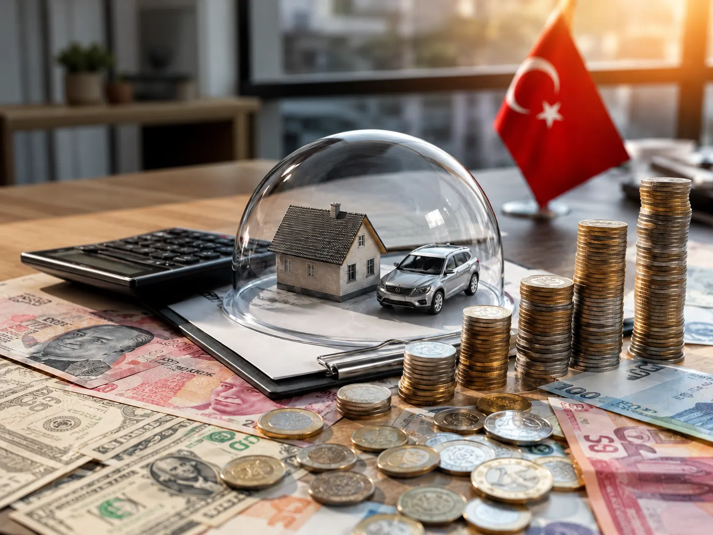 Ev ve otomobilin koruyucu cam fanus altında yer aldığı, hesap makinesi, Türk bayrağı, farklı para birimleri ve madeni para yığınlarıyla sigorta primlerini simgeleyen görsel.