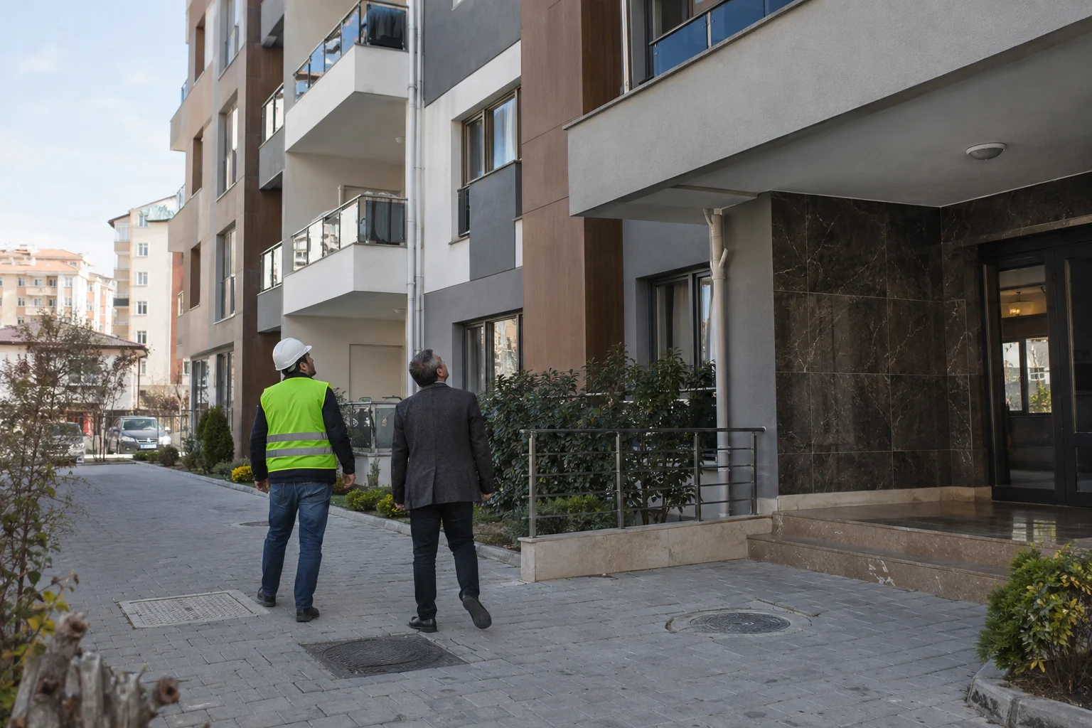 Apartman binası önünde inceleme yapan iki kişi – kat irtifakı ve kat mülkiyeti süreçlerini temsil eden konut görseli.