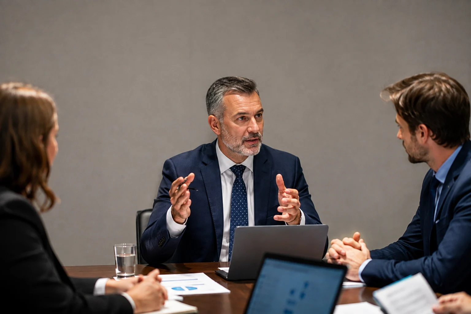 Yönetim kurulu toplantısında şirket yöneticilerinin iş kararlarını değerlendirdiği toplantı ortamı – yönetici sorumluluk sigortası.